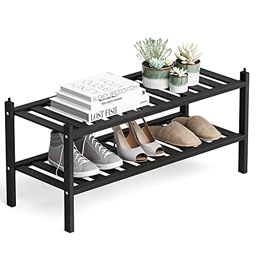 Dranixly Bamboo 2-Tier Shoe Rack Stackable Shelf Storage Organizer for Entryway, Hallway and Closet, 27.2"x11"x13.2" (Mocha)