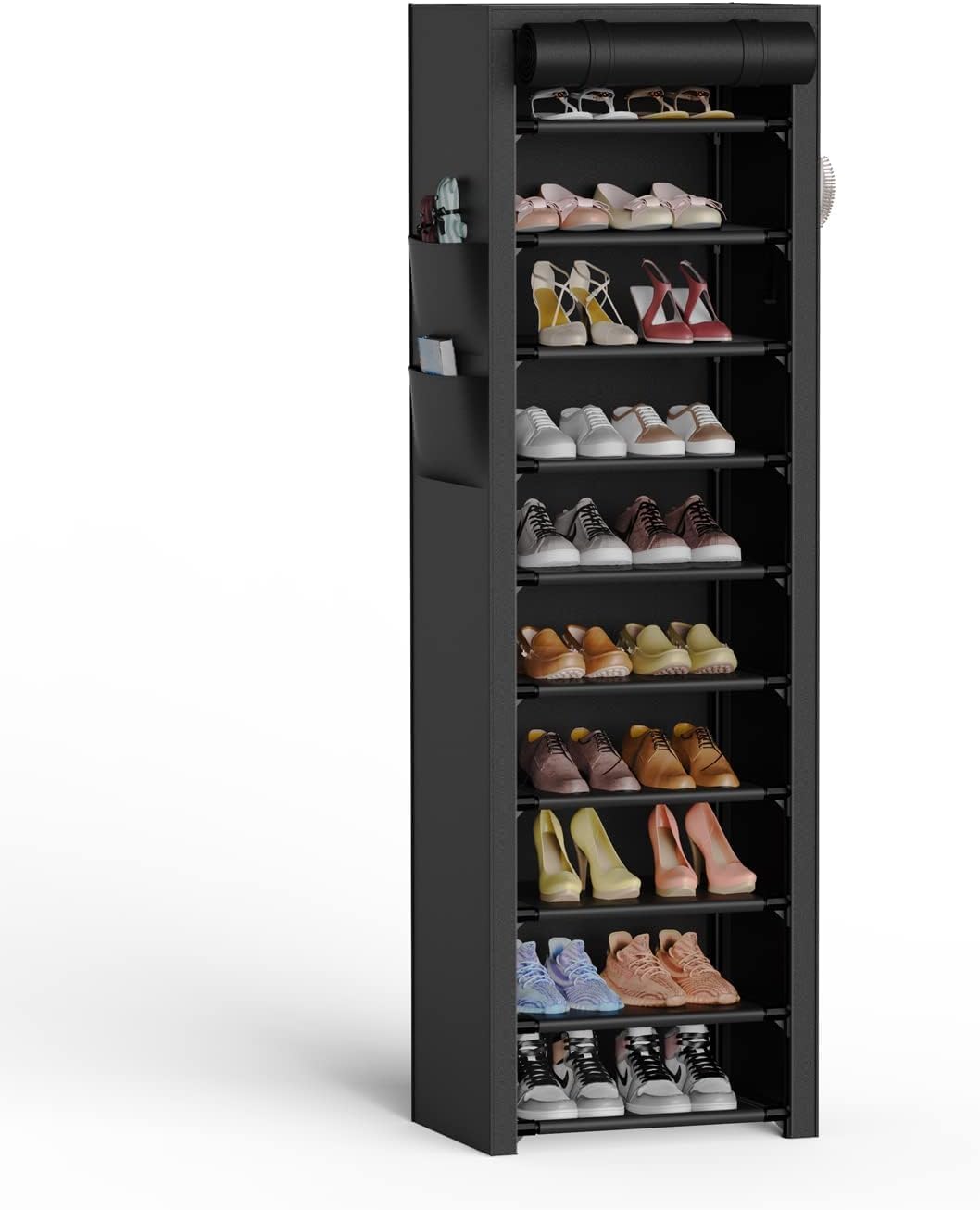 VTRIN Vertical Narrow Shoe Rack Organizer Tall Shoe Rack for Closet Entryway 10 Tier Non-Woven Cover Shoe Shelf Holds 36-41 Pairs Free Standing Shoe Storage Cabinet with Dustproof Cover, White