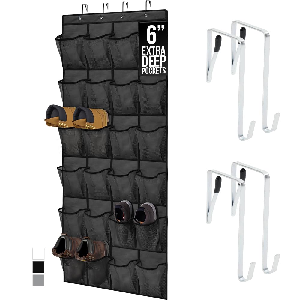 GORILLA GRIP Over the Door Shoe Organizer, 24 Large Breathable Mesh Pockets, Space Saving Hanging Storage Holder, Closet Rack Hanger Holds Up to 40 lbs, Hangs on Closets for Shoes, Accessories, Linen