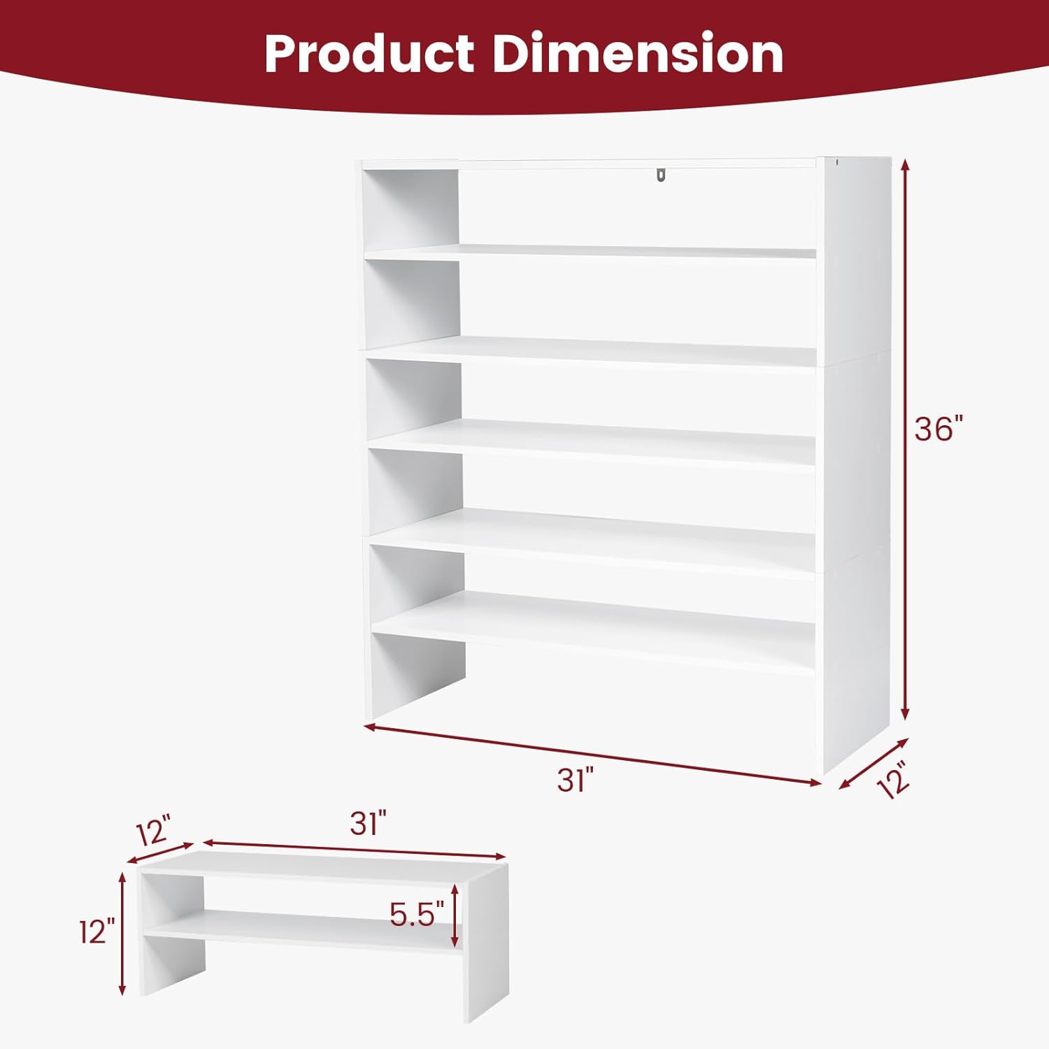 Tangkula 6-Tier Stackble Shoe Rack for Closet, Space Saving Wooden Corner Shoe Storage Shelf for 18 Pairs, 3-in-1 Adjustable White Shoe Organizer for Front Door Entryway