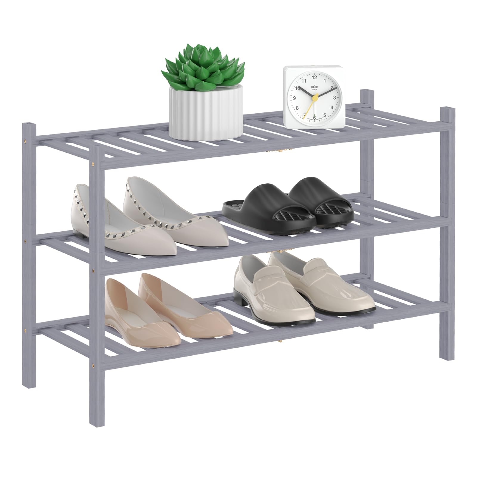 RONGJlA 3 Tier Bamboo Shoe Rack for Closet Free Standing Wood Shoe Shelf Storage Organizer for Entryway Small Space Stackable, Natural