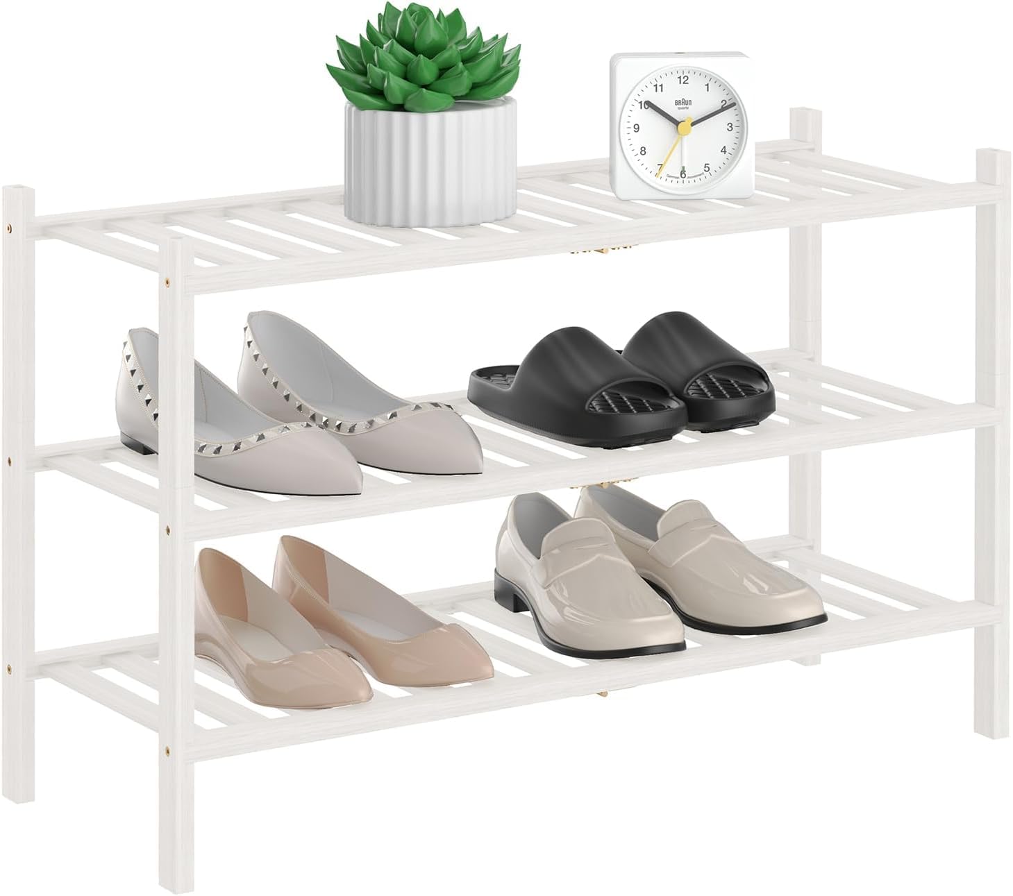 RONGJlA 3 Tier Bamboo Shoe Rack for Closet Free Standing Wood Shoe Shelf Storage Organizer for Entryway Small Space Stackable, Natural