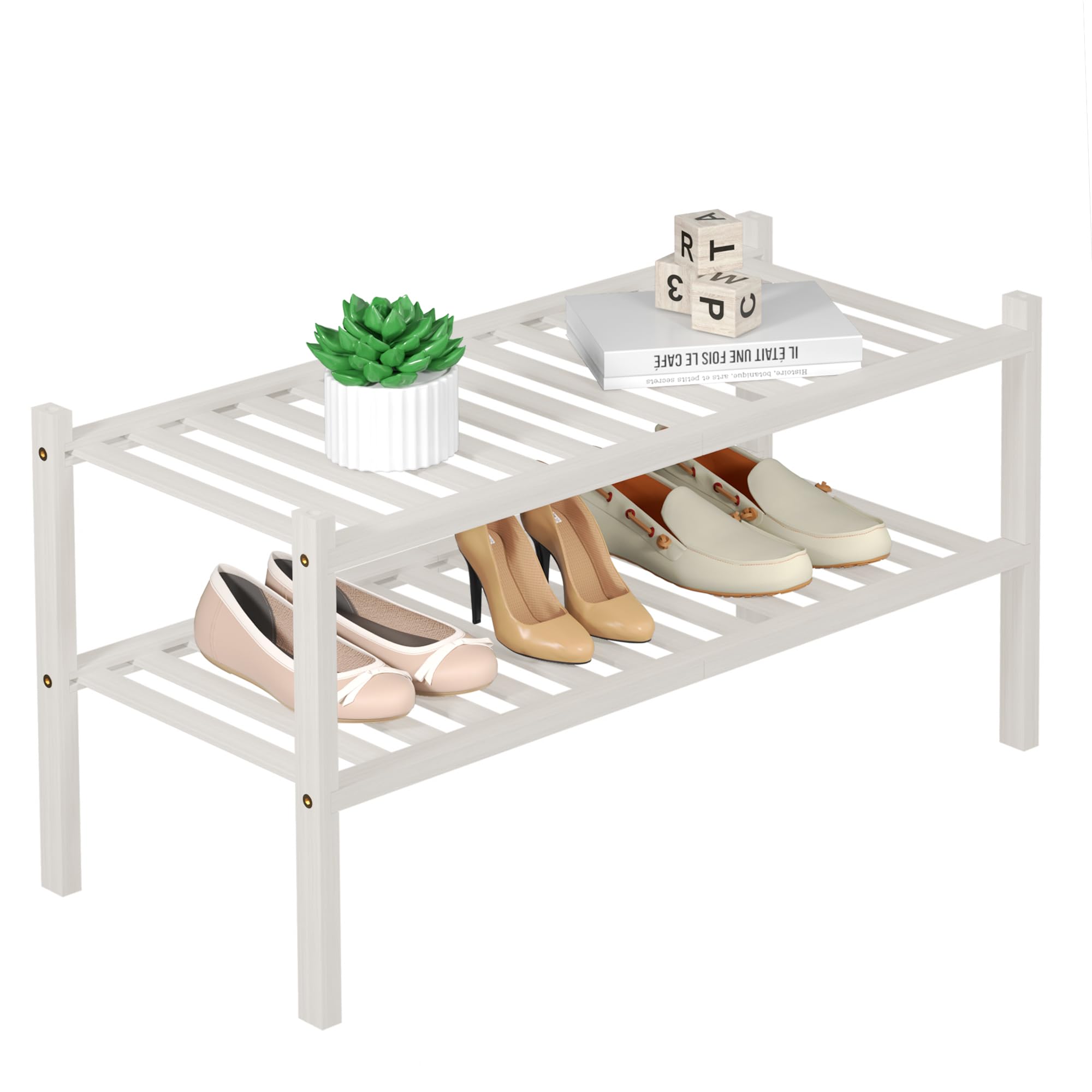ROMGUAR CRAFT 3 Tier Bamboo Shoe Rack for Closet Free Standing Wood Shoe Shelf Storage Organizer for Entryway Small Space Stackable 27"x11"x20" (Black)