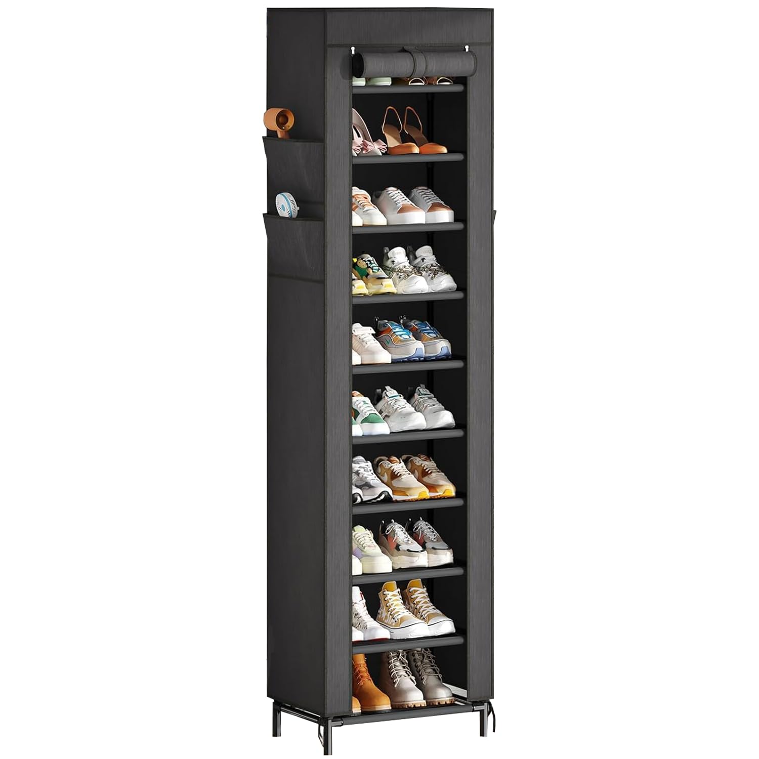 Simple Trending Narrow Shoe Rack with Cover, 10 Tier Shoe Organizer Storage, Tall Free Standing Shoe Cabinet Holds 20 Pairs for Closet, Black