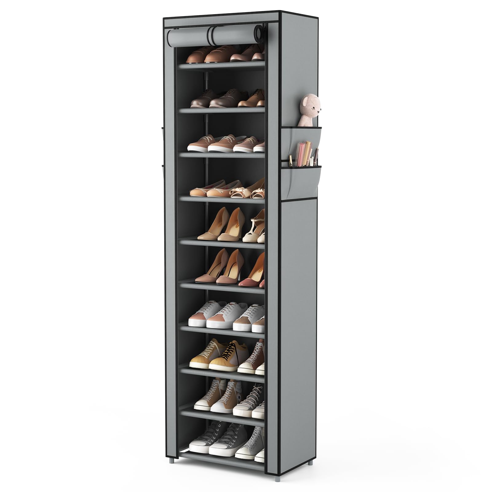 VTRIN Vertical Narrow Shoe Rack Organizer Tall Shoe Rack for Closet Entryway 10 Tier Non-Woven Cover Shoe Shelf Holds 36-41 Pairs Free Standing Shoe Storage Cabinet with Dustproof Cover, White