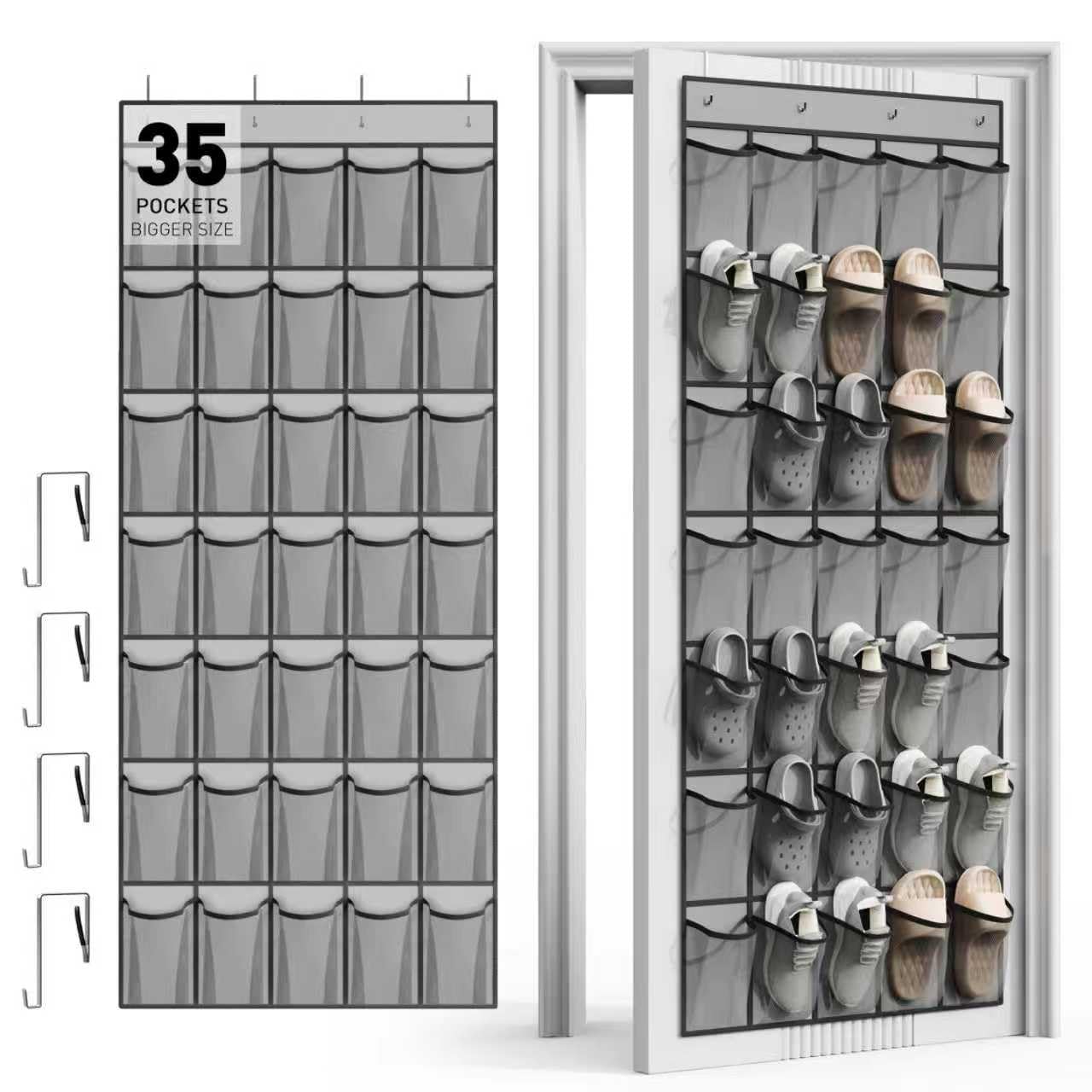WVM Over the Door Shoe Organizer with 35 Breathable Mesh Pockets, Hanging Shoe Organizer for Door with 4 Metal Hooks, Large Capacity Closet Storage for Shoes, Accessories, Grey