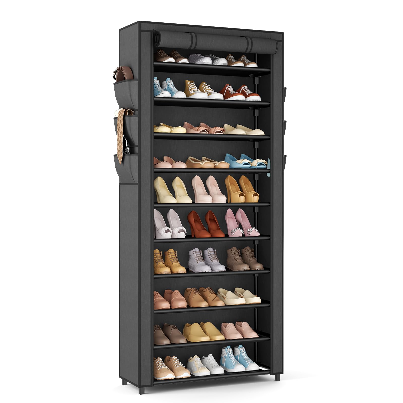 VTRIN Vertical Narrow Shoe Rack Organizer Tall Shoe Rack for Closet Entryway 10 Tier Non-Woven Cover Shoe Shelf Holds 36-41 Pairs Free Standing Shoe Storage Cabinet with Dustproof Cover, White