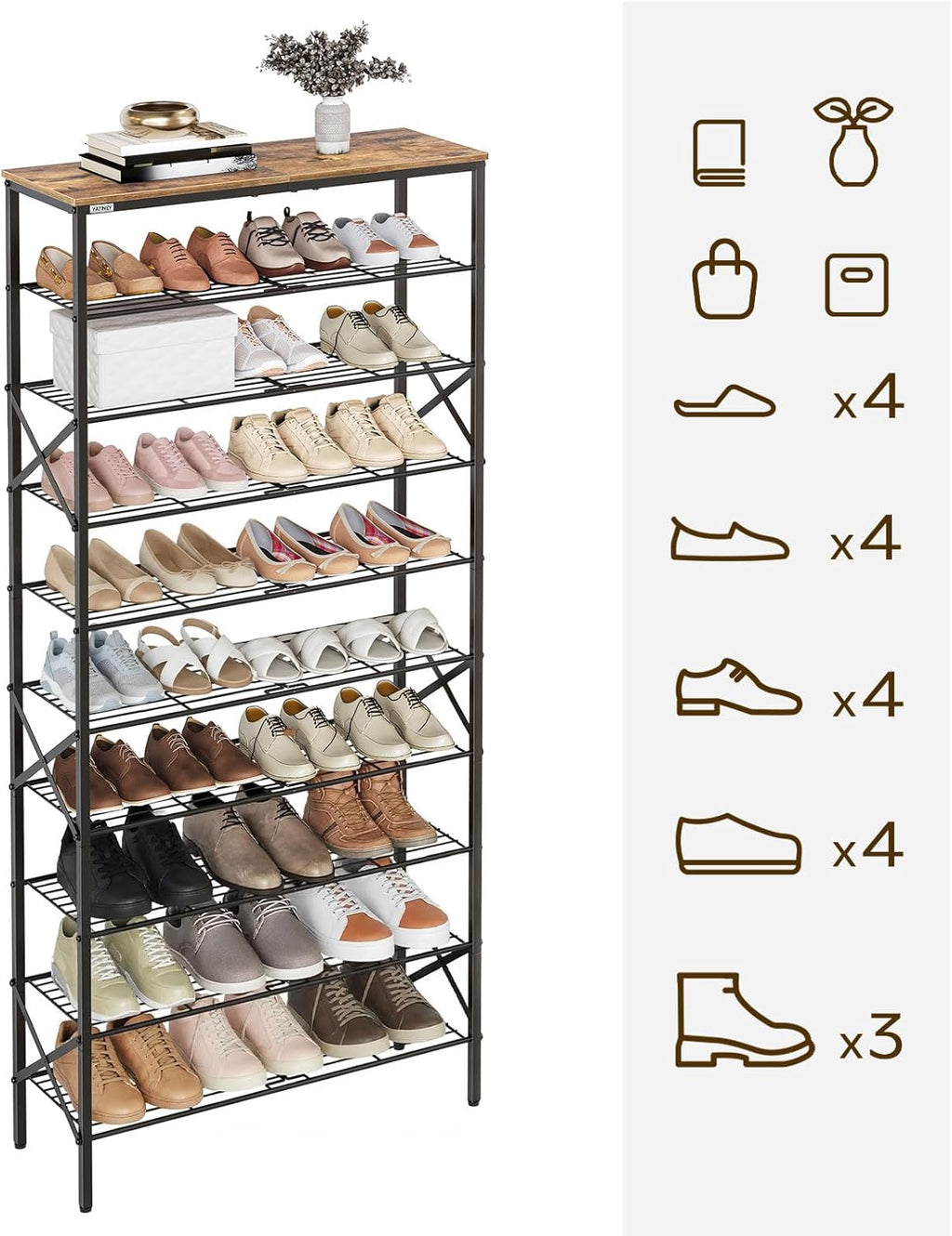 YATINEY 10 Tier Shoe Rack, Large Capacity Shoe Storage Organizer Holds 40 Pairs, Sturdy and Stable, for Entryway, Hallway, Closet, Dorm Room, Rustic Brown SS10BR