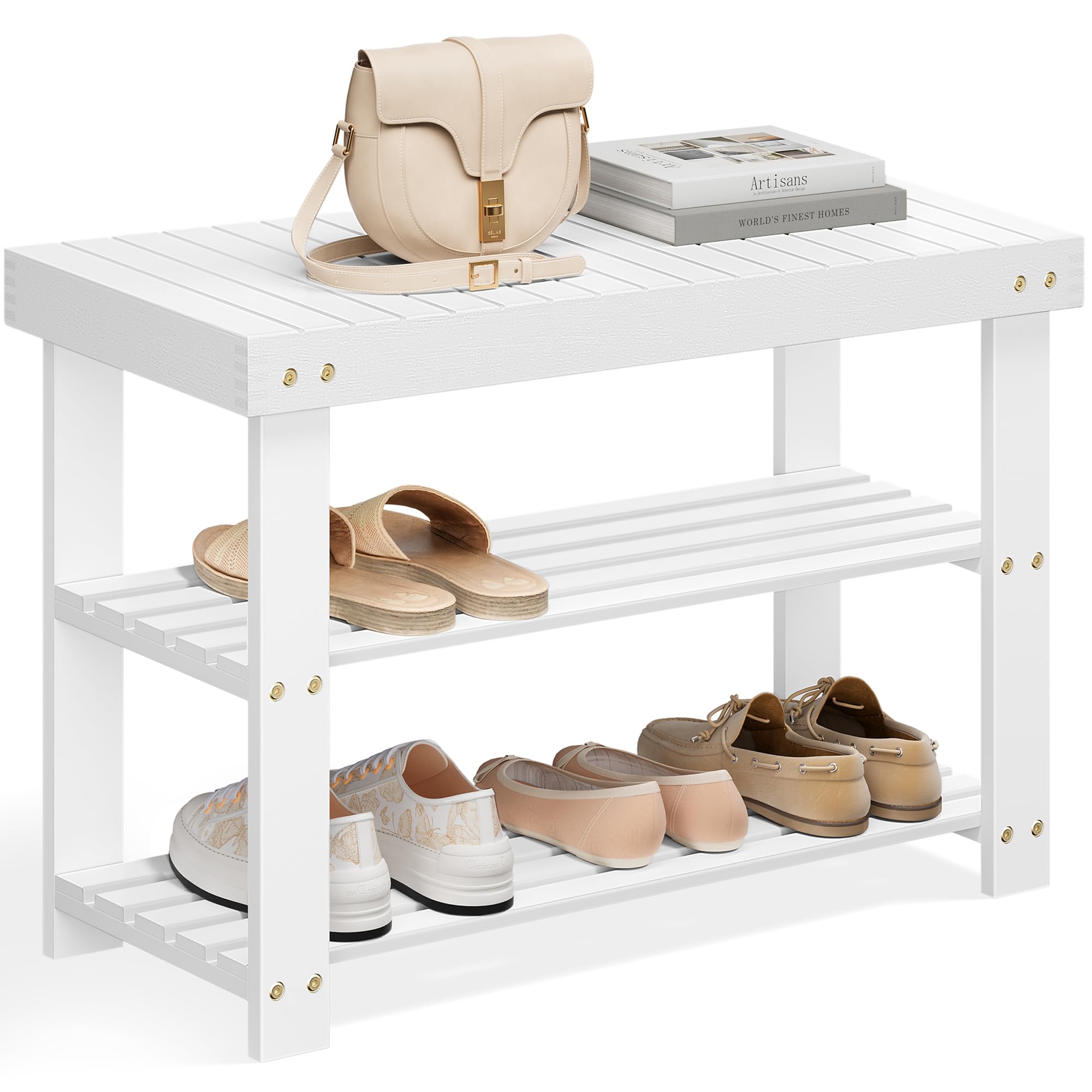 SONGMICS Shoe Rack Bench, 3-Tier Bamboo Shoe Storage Organizer, Entryway Bench, Holds Up to 286 lb, 11.3 x 27.6 x 17.8 Inches, for Entryway Bathroom Bedroom, Brown ULBS04Z