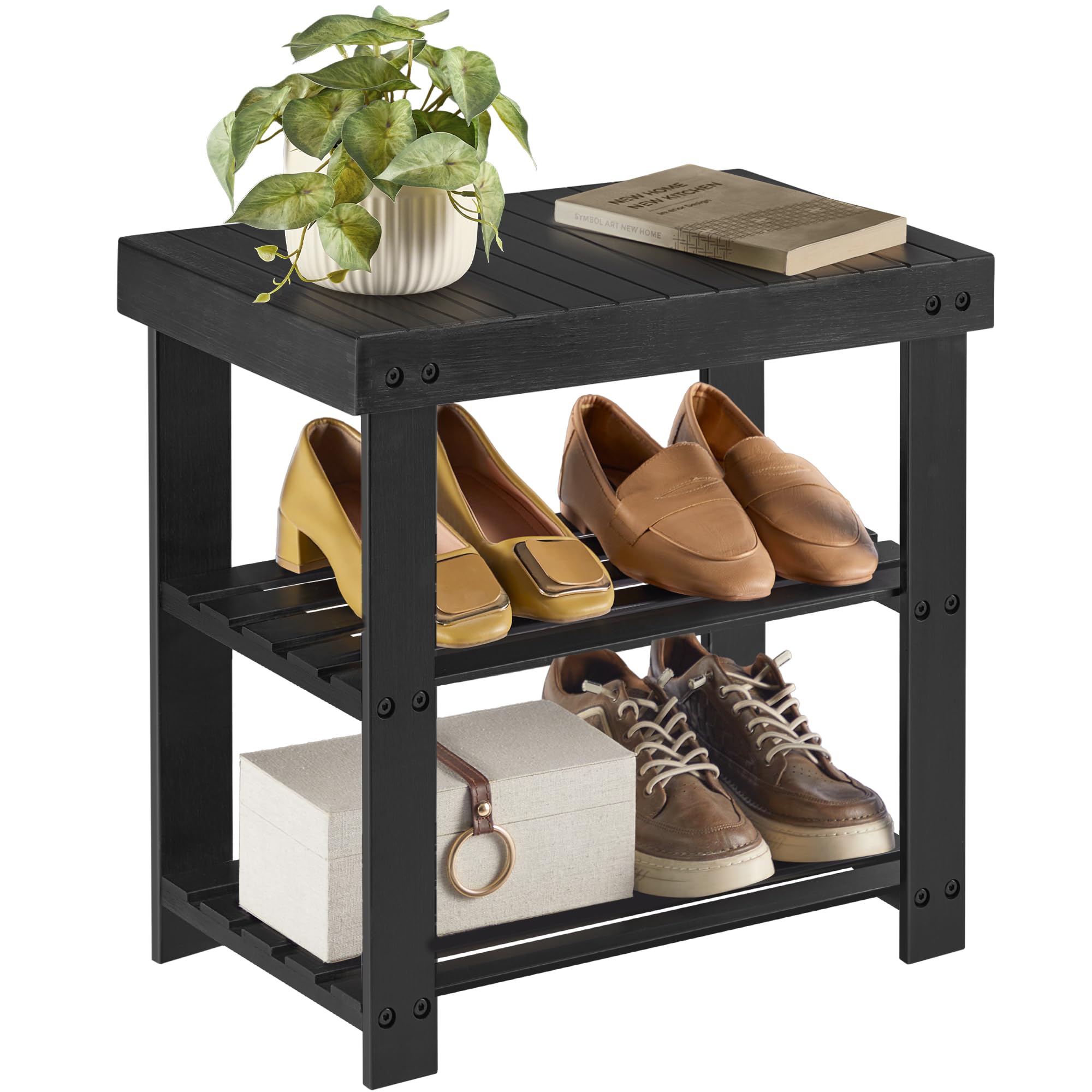 SONGMICS Shoe Rack Bench, 3-Tier Bamboo Shoe Storage Organizer, Entryway Bench, Holds Up to 286 lb, 11.3 x 27.6 x 17.8 Inches, for Entryway Bathroom Bedroom, Brown ULBS04Z