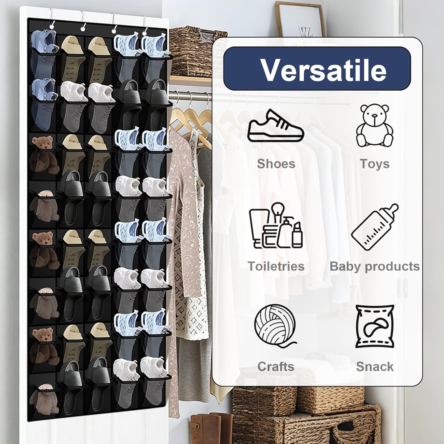 Over the Door Shoe Organizer - 40 Large Breathable Mesh Pockets, Space Saving Hanging Shoe Organizer with Metal Hooks, Hanging Shoe Rack for Men's and Women's Shoes (Black)