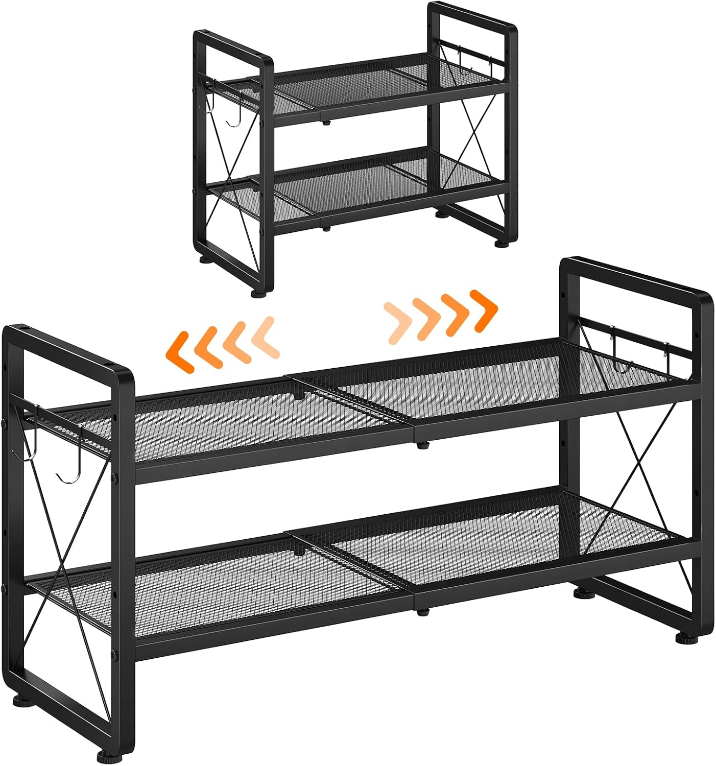 ELYKEN Shoe Rack, 2-Tier Expandable Shoe Organizer for Entryway, Metal Black Shoe Shelf with 4 Hooks, Ajustable Shoe Stand Holder for Closet, Garage, Door Entrance