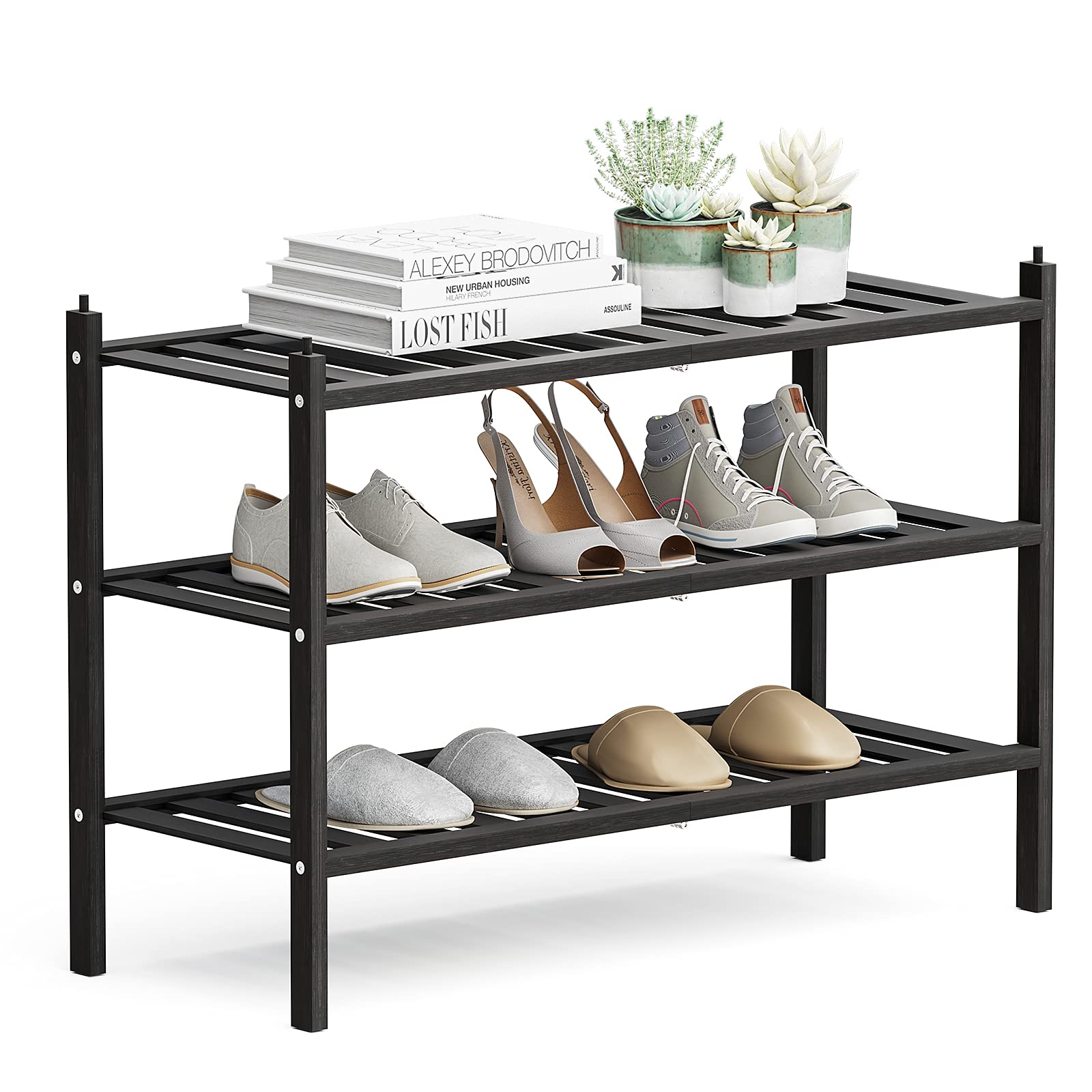 Dranixly Bamboo 2-Tier Shoe Rack Stackable Shelf Storage Organizer for Entryway, Hallway and Closet, 27.2"x11"x13.2" (Mocha)
