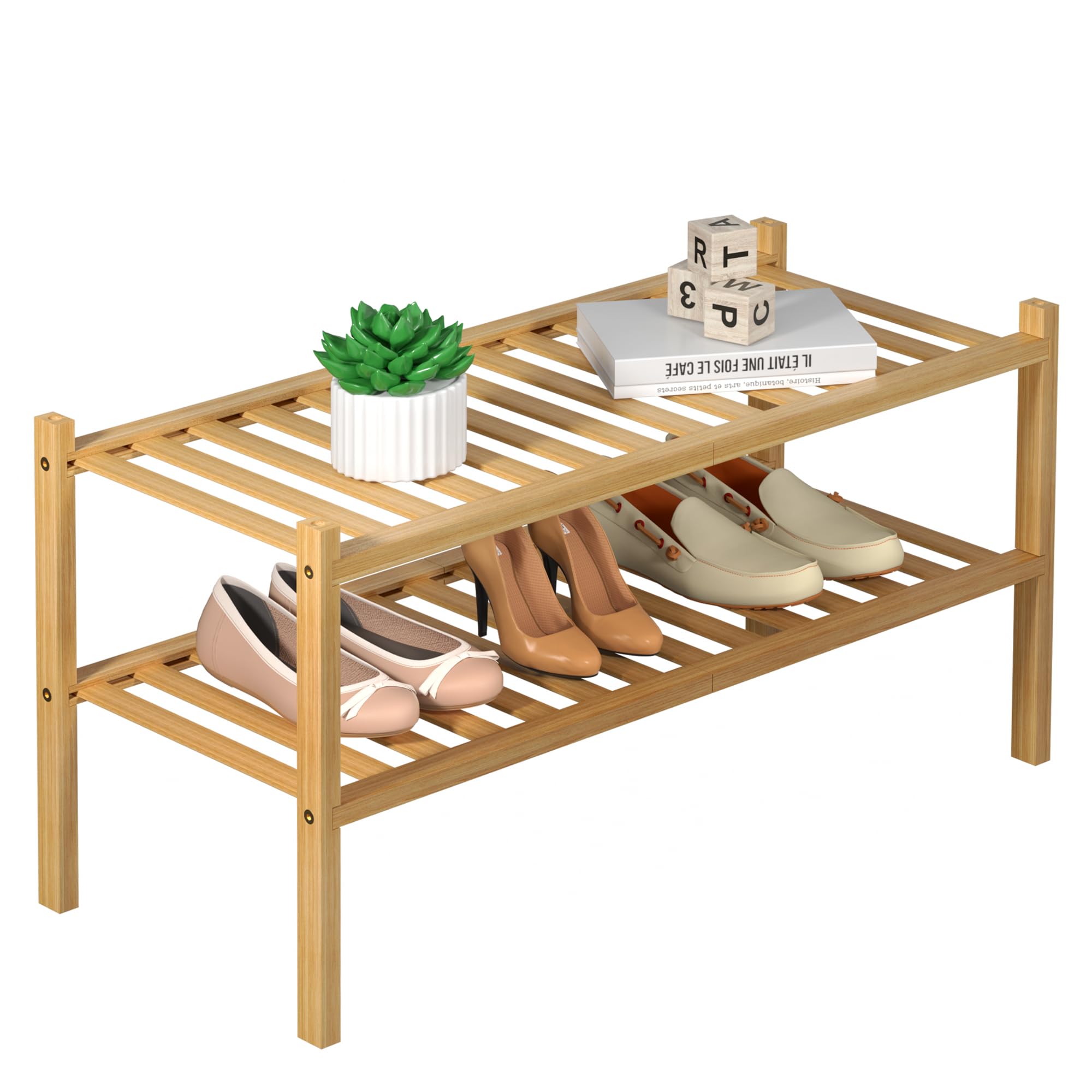 ROMGUAR CRAFT 3 Tier Bamboo Shoe Rack for Closet Free Standing Wood Shoe Shelf Storage Organizer for Entryway Small Space Stackable 27"x11"x20" (Black)