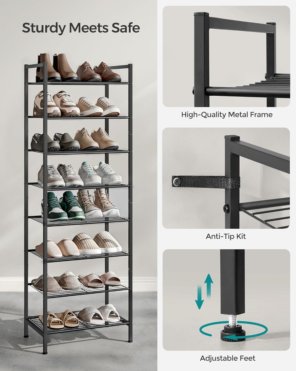 SONGMICS Narrow Shoe Rack, Sturdy 8 Tier Metal Tall Shoe Rack Shelf, Slim Shoe Storage Organizer for Closet Entryway Small Spaces, Vertical Shoe Stand Tower for 18 Pairs Shoes, Easy Assembly, Black