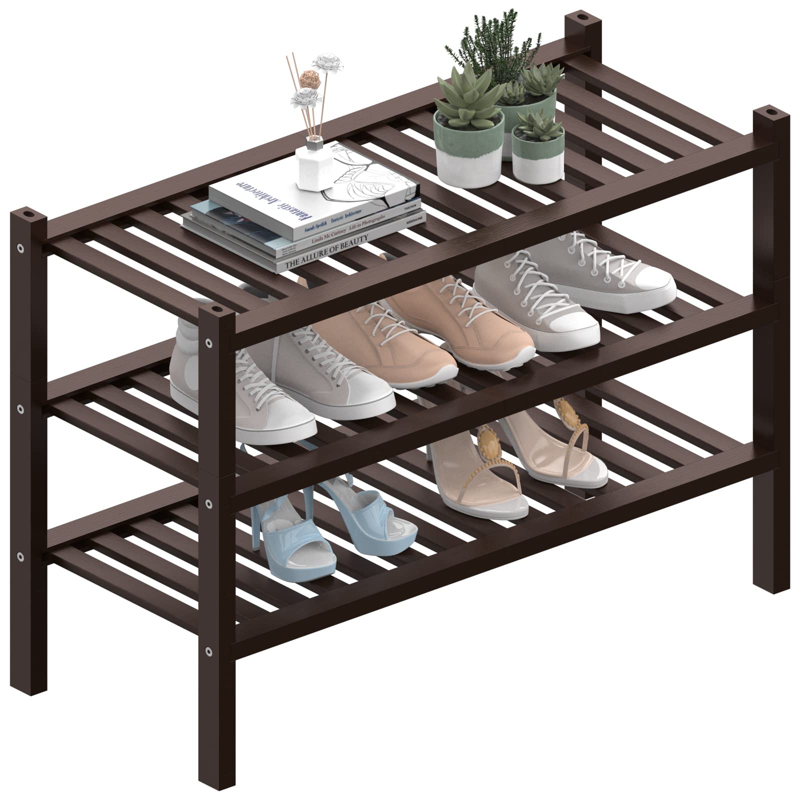 ROMGUAR CRAFT 3 Tier Bamboo Shoe Rack for Closet Free Standing Wood Shoe Shelf Storage Organizer for Entryway Small Space Stackable 27"x11"x20" (Black)