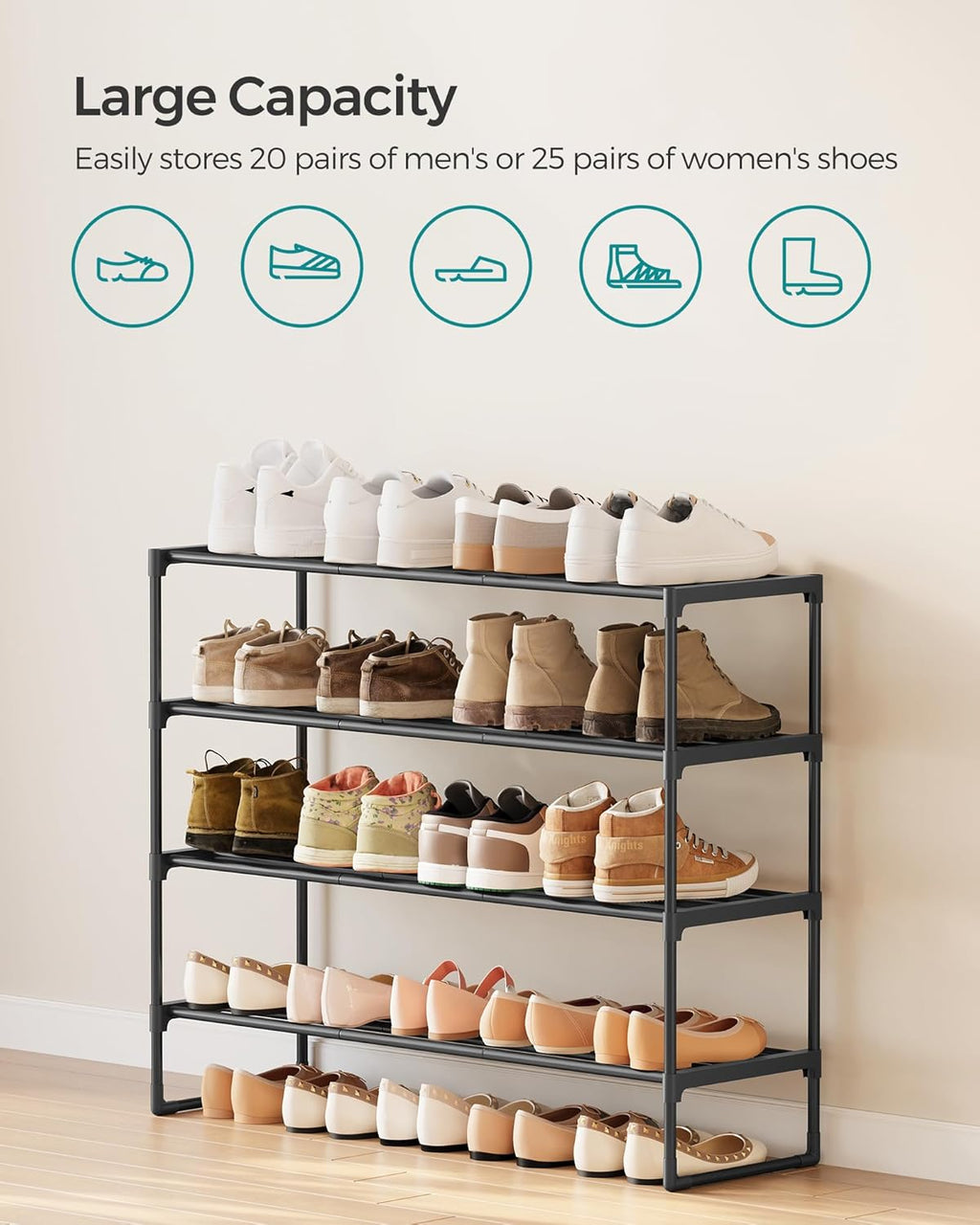 SONGMICS Shoe Rack, 4-Tier Shoe Organizer, Metal Storage Shelf, Upright or Upside Down, for 20-25 Pairs, Stackable, for Entryway, 11.8 x 36.2 x 29.1 Inches, Black ULSA14BK
