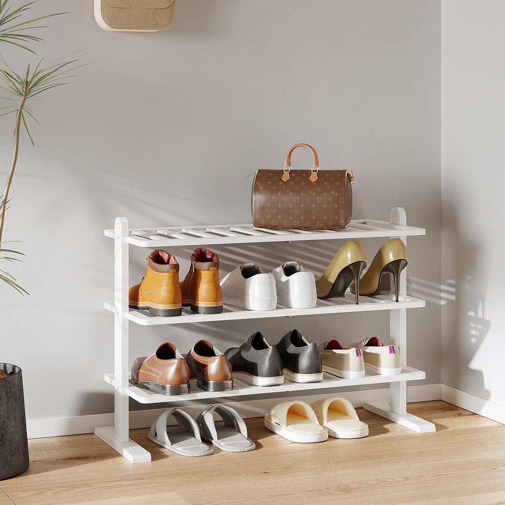 Varhomax White Shoe Rack, 4-Tier Bamboo Shoe Rack Organizer for Closet and Entryway, Thick Wooden Free Standing Shoe Shelf for Small Spaces, Sturdy & Versatile for Bedroom and Garage