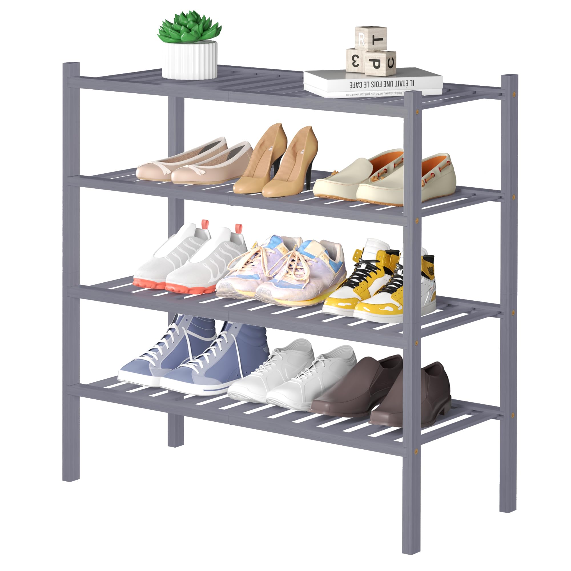ROMGUAR CRAFT 3 Tier Bamboo Shoe Rack for Closet Free Standing Wood Shoe Shelf Storage Organizer for Entryway Small Space Stackable 27"x11"x20" (Black)