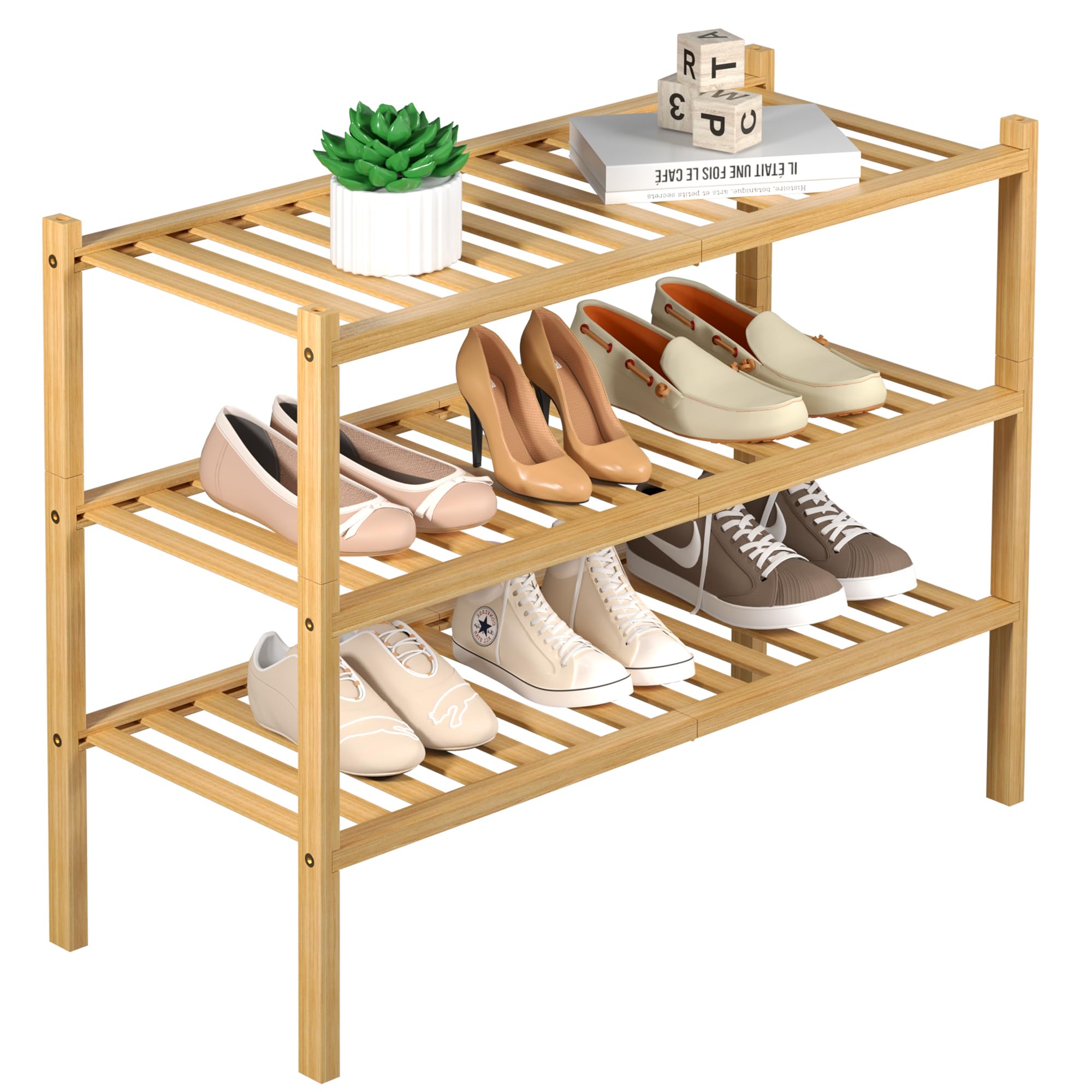 ROMGUAR CRAFT 3 Tier Bamboo Shoe Rack for Closet Free Standing Wood Shoe Shelf Storage Organizer for Entryway Small Space Stackable 27"x11"x20" (Black)
