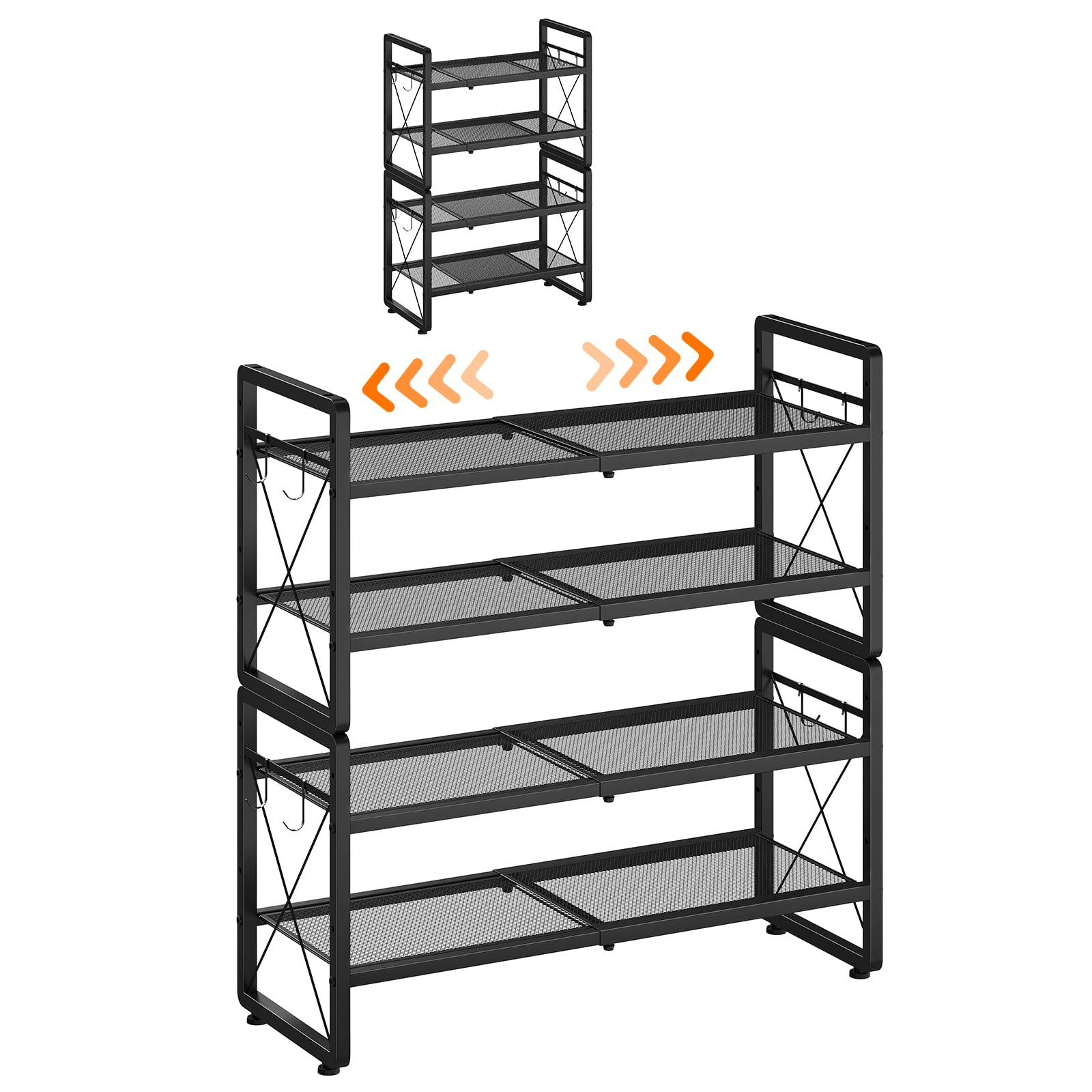 ELYKEN Shoe Rack, 2-Tier Expandable Shoe Organizer for Entryway, Metal Black Shoe Shelf with 4 Hooks, Ajustable Shoe Stand Holder for Closet, Garage, Door Entrance