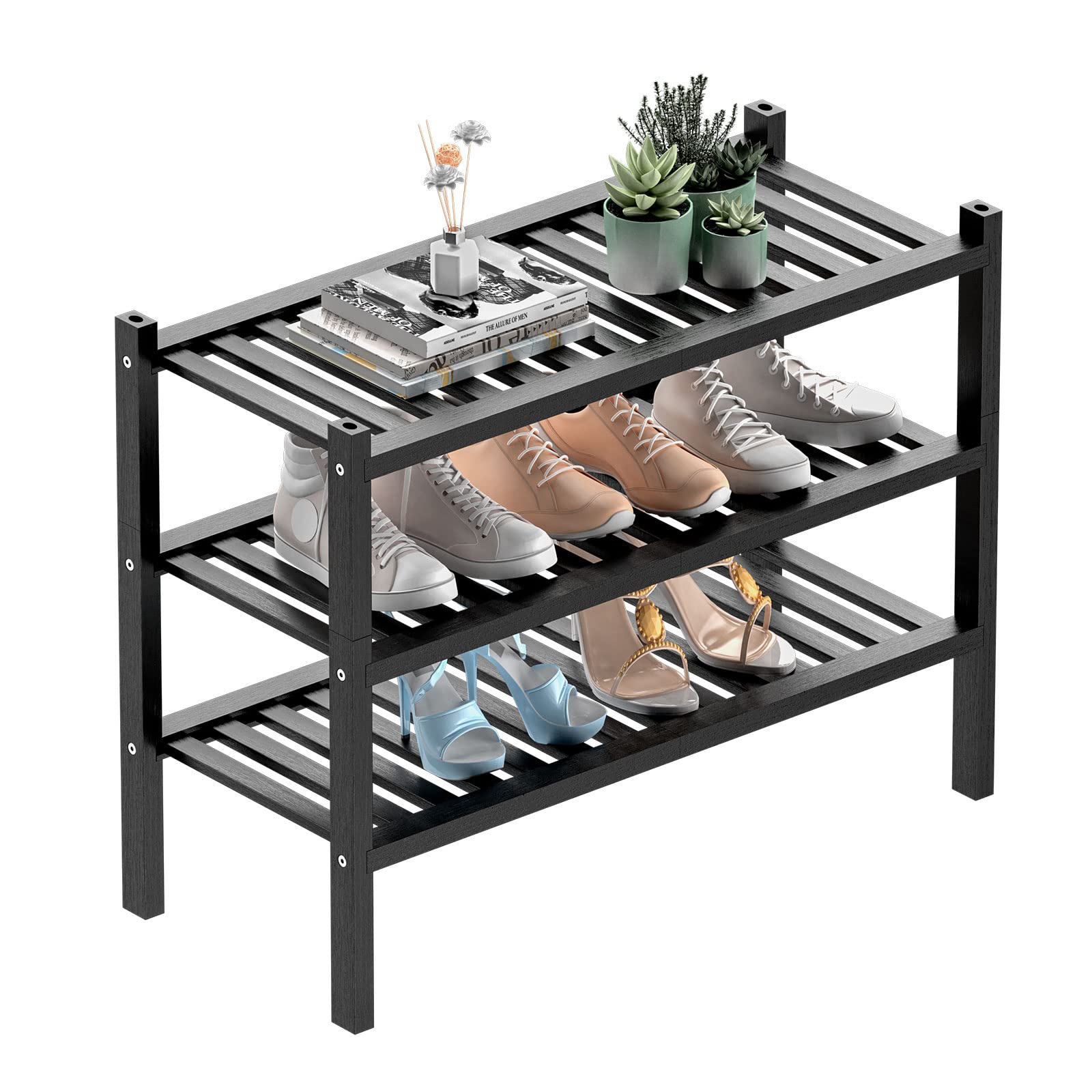 ROMGUAR CRAFT 3 Tier Bamboo Shoe Rack for Closet Free Standing Wood Shoe Shelf Storage Organizer for Entryway Small Space Stackable 27"x11"x20" (Black)