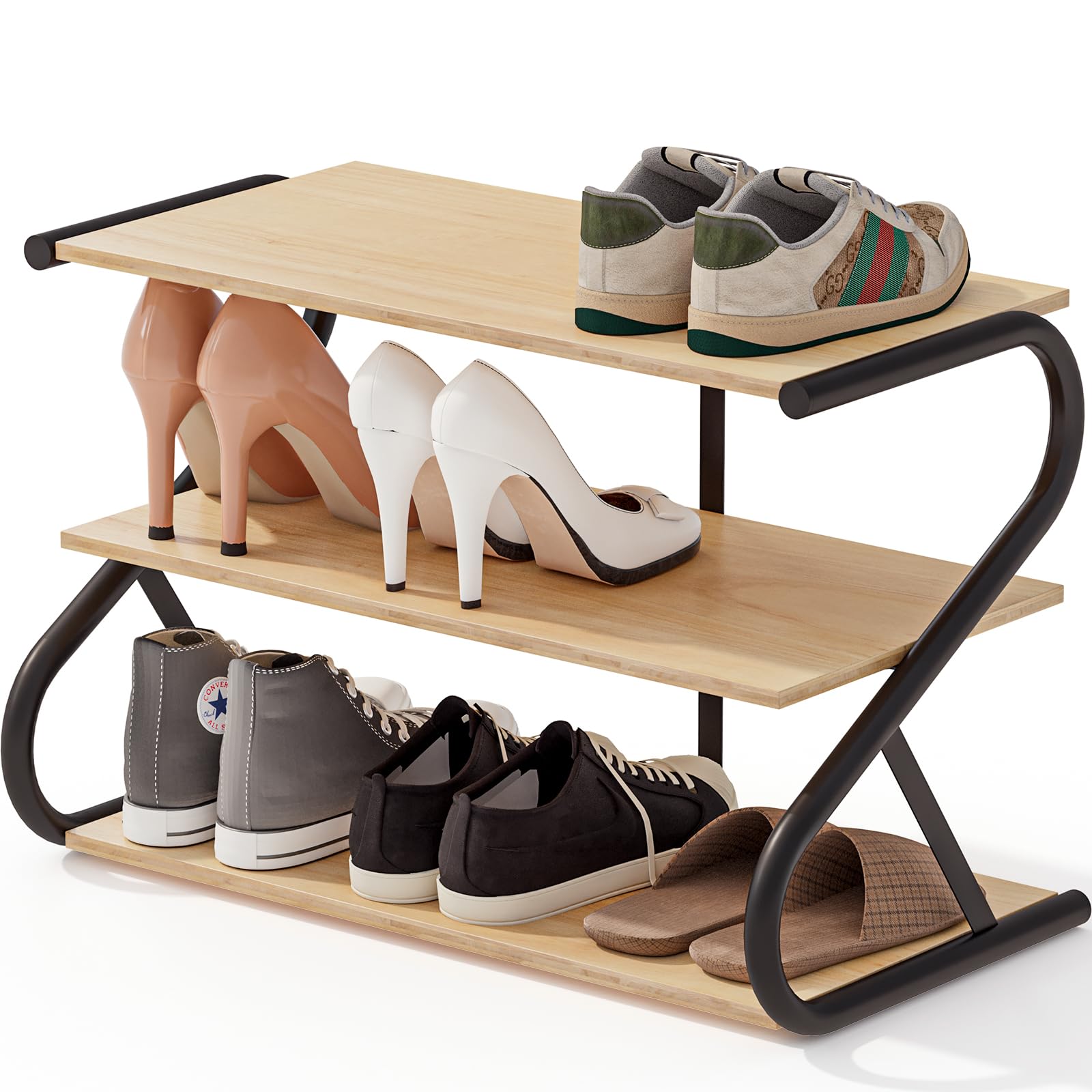 Small 3-Tier Shoe Rack, Z-Frame Wooden Shoe Shelf with Durable Metal Shelves for Hallway, Living Room, Closet, Bedroom (17.2”)