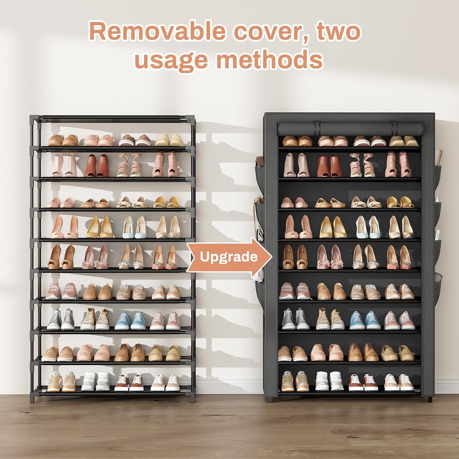 Shoe Rack with Cover, 10 Tier Shoe Organizer Storage for 40-50 Pairs Sneaker and Boots, Large Capacity, with 8 Pockets, Free Standing Tall Shoe Rack for Front Door Entrance, Closet
