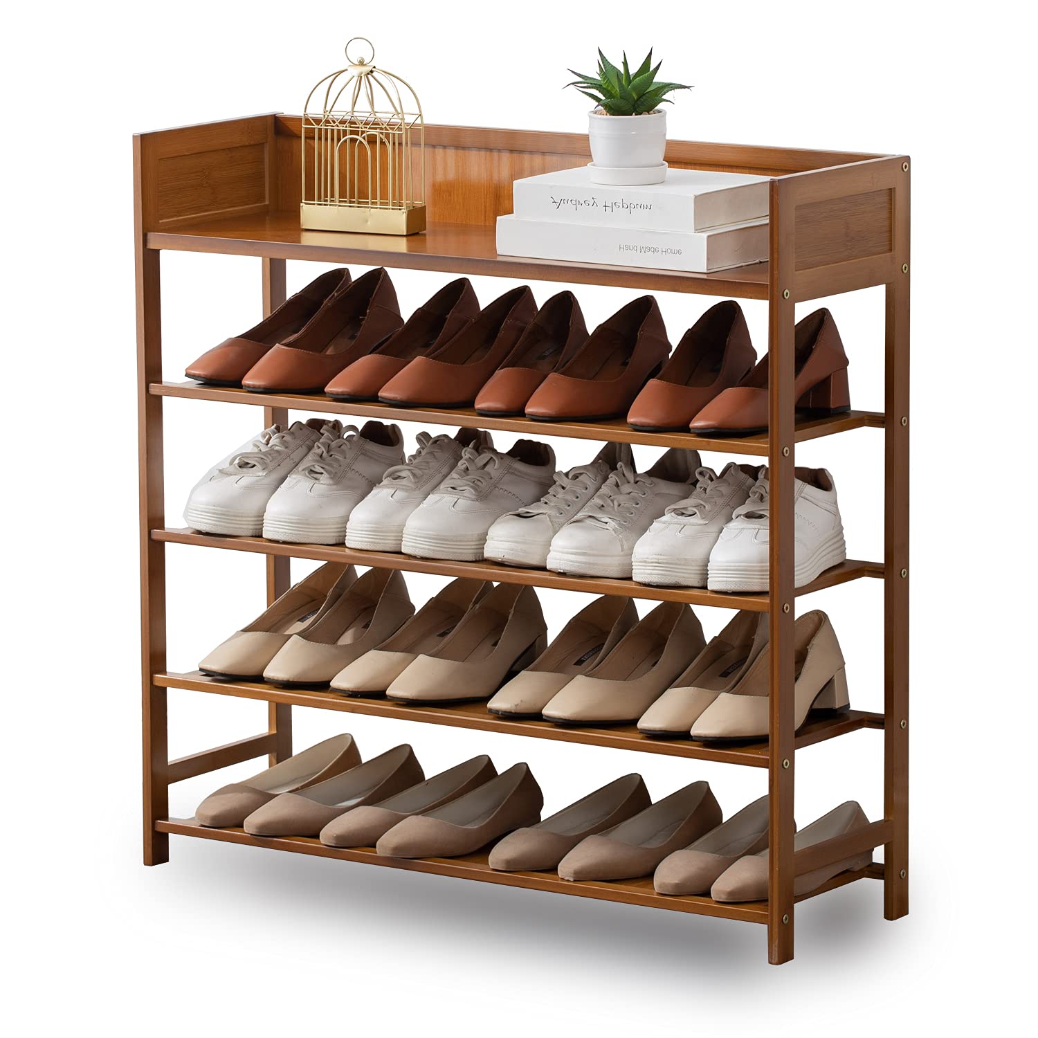 Shoe Rack Organizer, 5 Tier Bamboo Shoe Rack for Entryway, Front Door for Entryway,Closet and Bedroom Storage, Shoe Shelf（Brown）