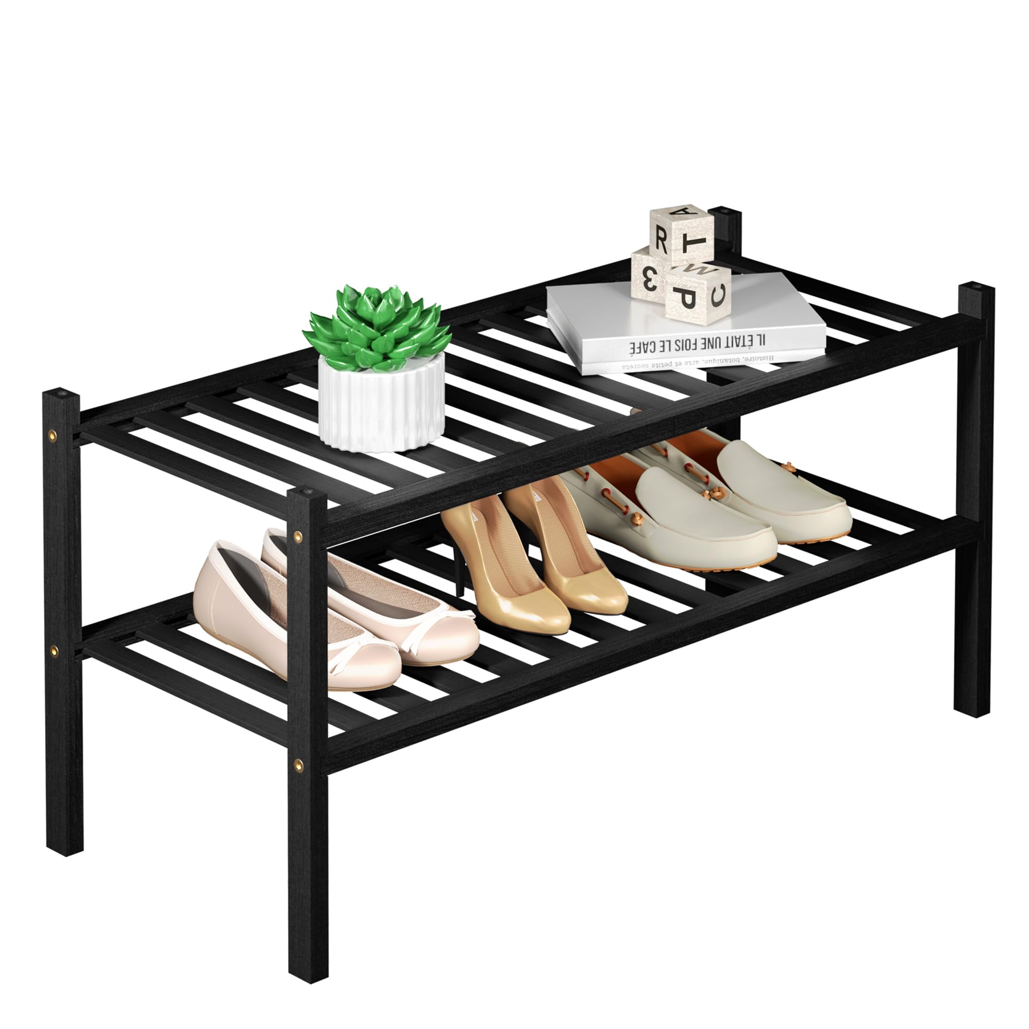 ROMGUAR CRAFT 3 Tier Bamboo Shoe Rack for Closet Free Standing Wood Shoe Shelf Storage Organizer for Entryway Small Space Stackable 27"x11"x20" (Black)