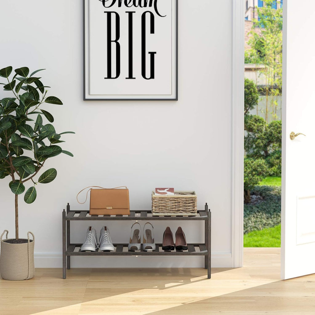 Dranixly Bamboo 2-Tier Shoe Rack Stackable Shelf Storage Organizer for Entryway, Hallway and Closet, 27.2"x11"x13.2" (Mocha)