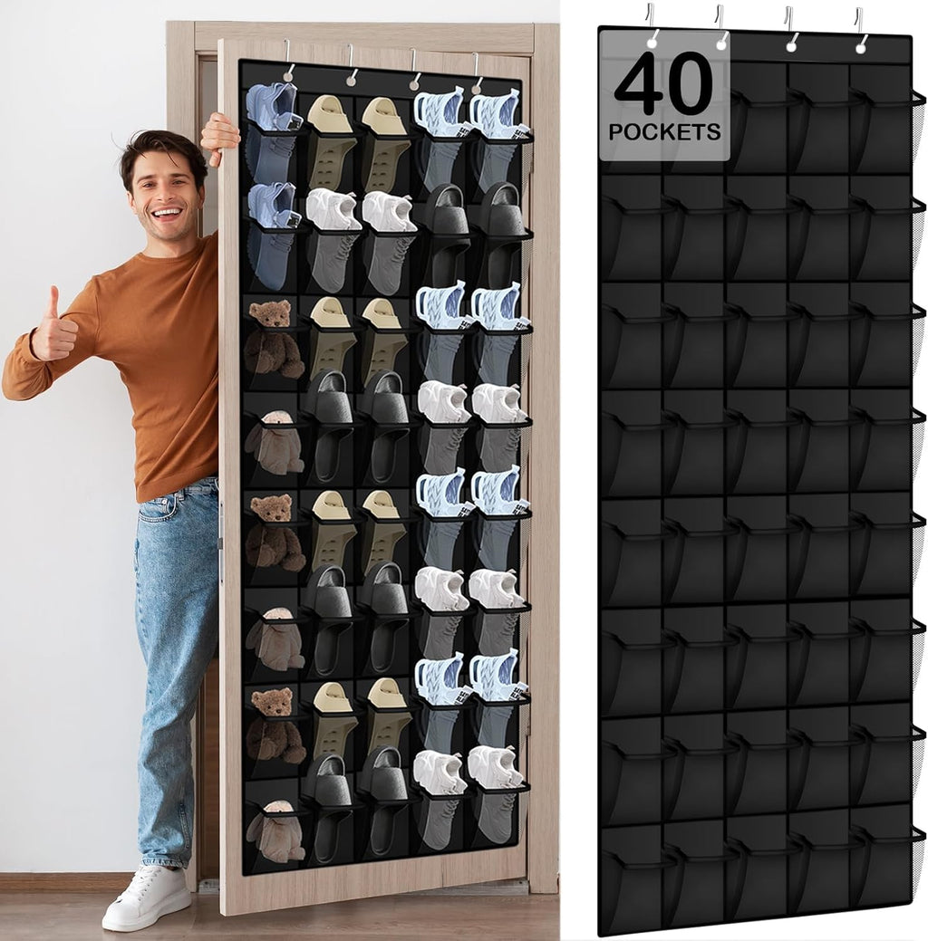Over the Door Shoe Organizer - 40 Large Breathable Mesh Pockets, Space Saving Hanging Shoe Organizer with Metal Hooks, Hanging Shoe Rack for Men's and Women's Shoes (Black)