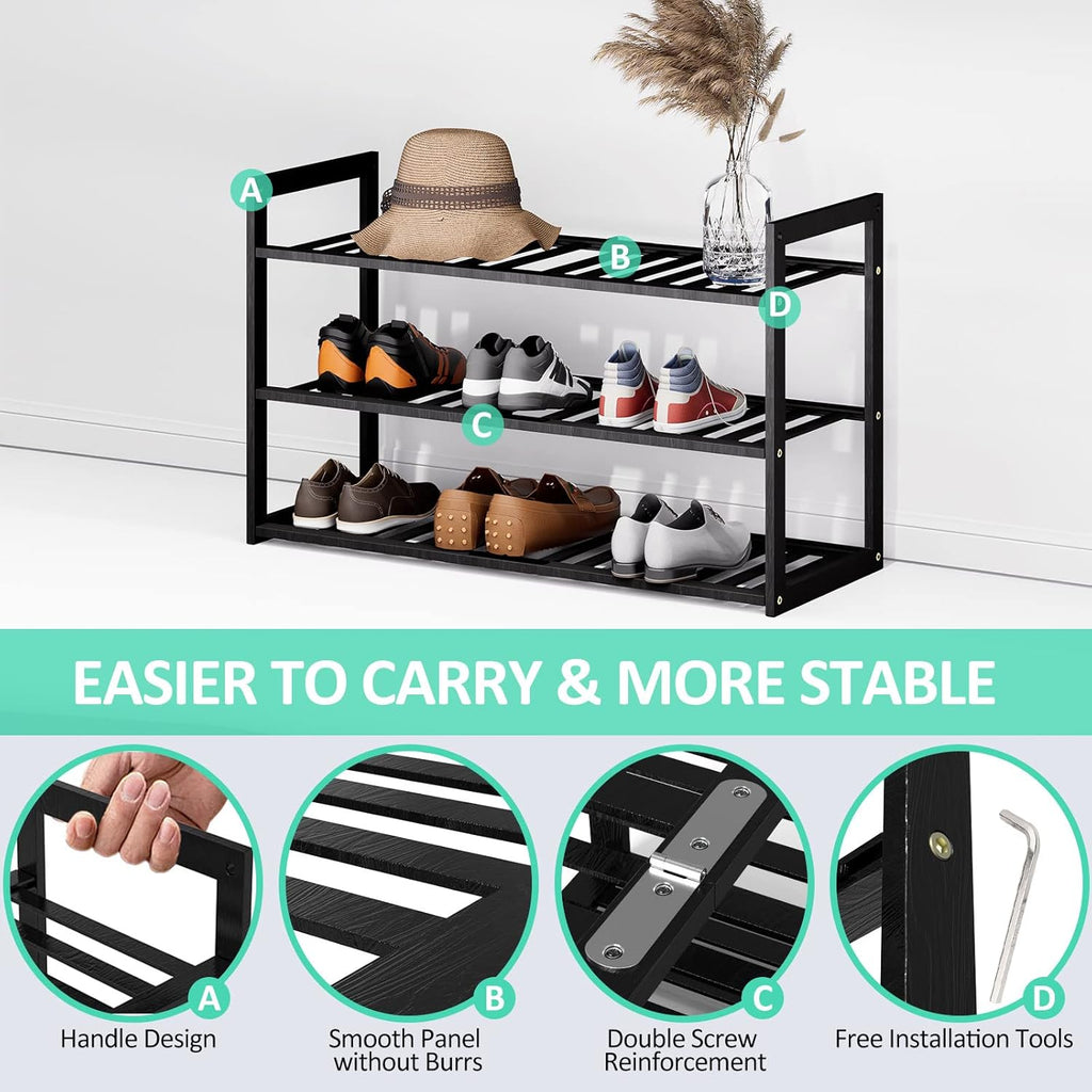 Jripae Bamboo Shoe Rack for Closet, Stackable 3 Tier Longer Shoe Organizer Shelf Holder Storage 12-15 Pairs for Entryway Door Hallway Bedroom Garage Space Saving Foldable Black