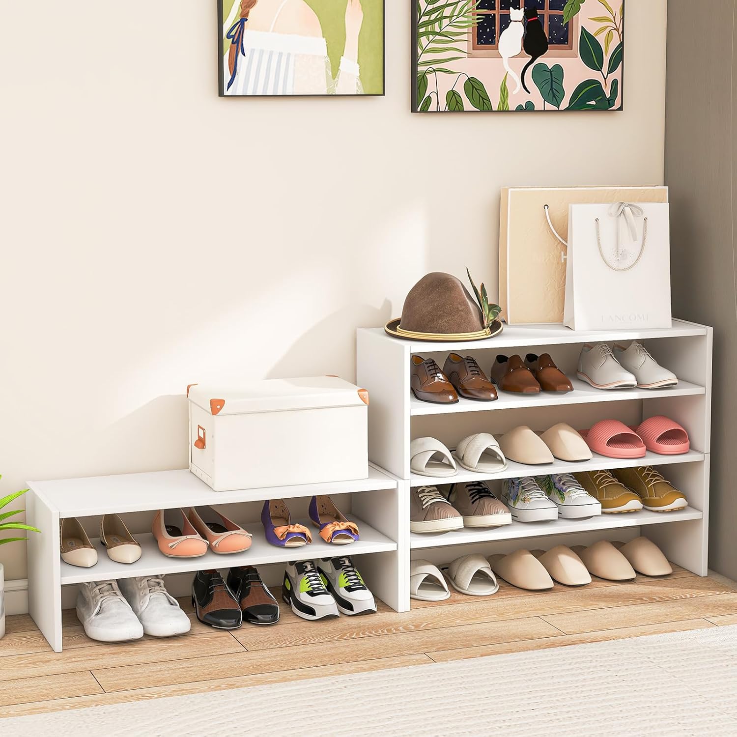 Tangkula 6-Tier Stackble Shoe Rack for Closet, Space Saving Wooden Corner Shoe Storage Shelf for 18 Pairs, 3-in-1 Adjustable White Shoe Organizer for Front Door Entryway