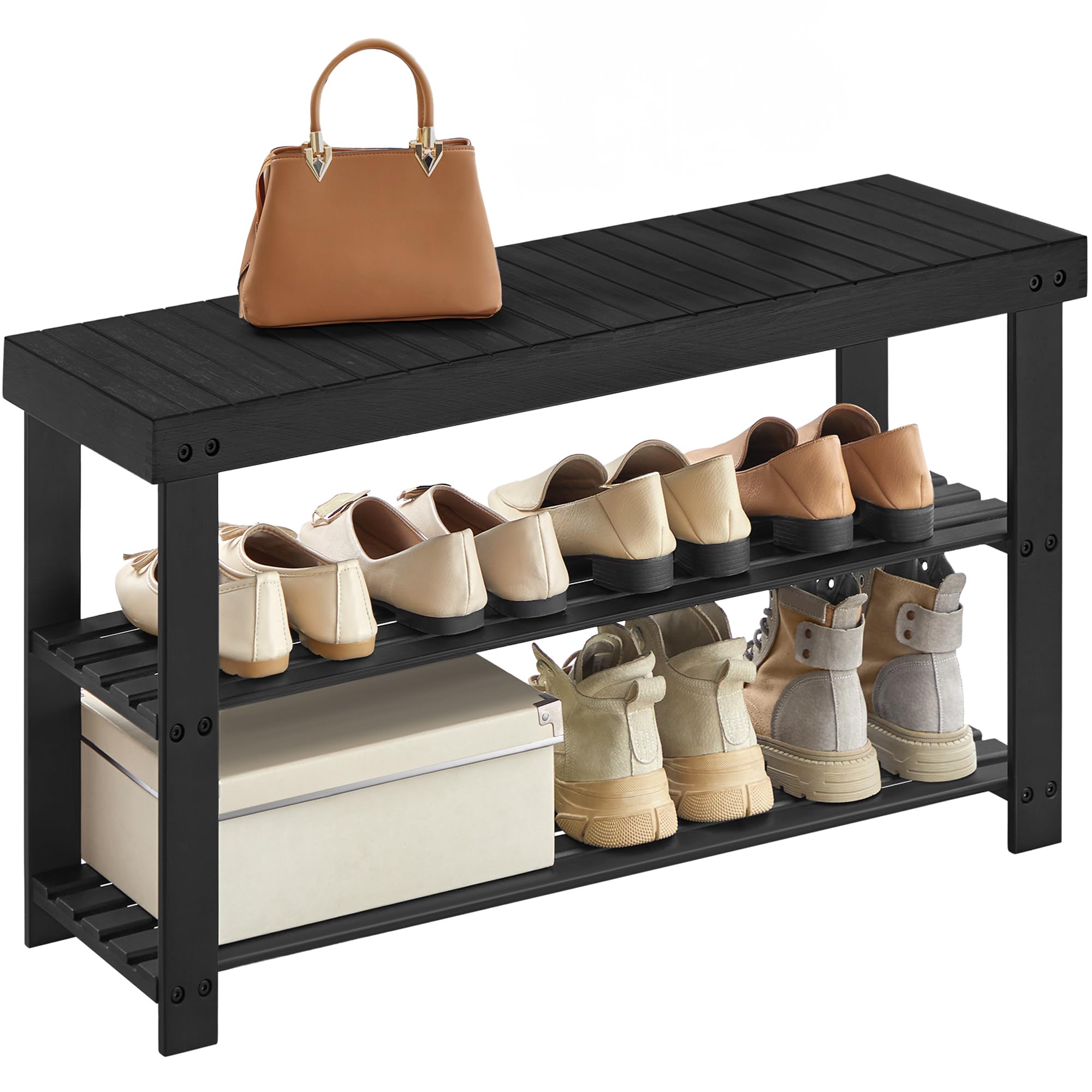 SONGMICS Shoe Rack Bench, 3-Tier Bamboo Shoe Storage Organizer, Entryway Bench, Holds Up to 286 lb, 11.3 x 27.6 x 17.8 Inches, for Entryway Bathroom Bedroom, Brown ULBS04Z