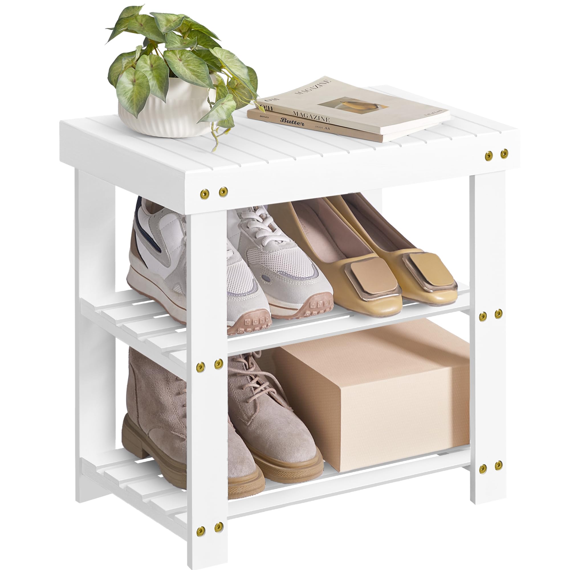 SONGMICS Shoe Rack Bench, 3-Tier Bamboo Shoe Storage Organizer, Entryway Bench, Holds Up to 286 lb, 11.3 x 27.6 x 17.8 Inches, for Entryway Bathroom Bedroom, Brown ULBS04Z