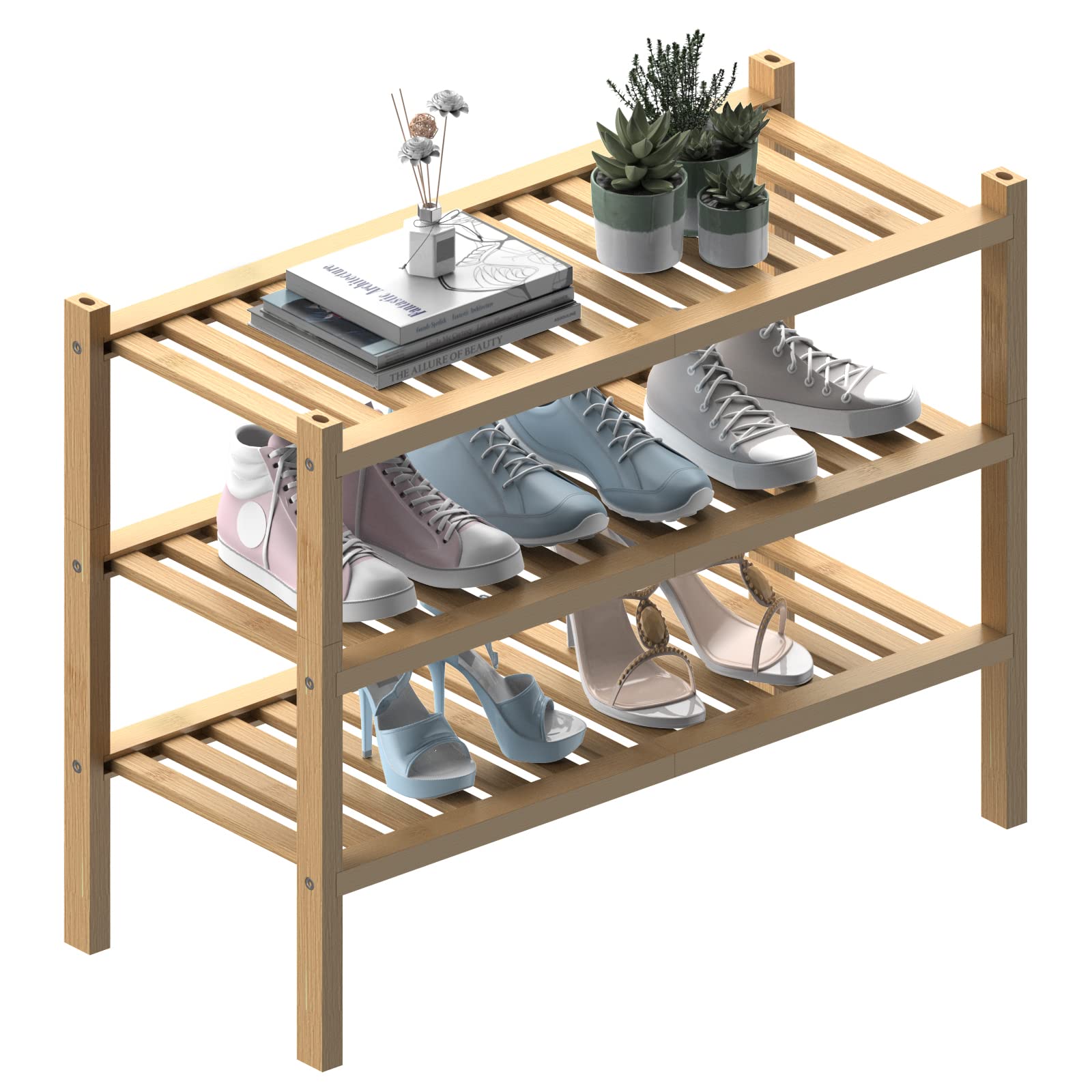 ROMGUAR CRAFT 3 Tier Bamboo Shoe Rack for Closet Free Standing Wood Shoe Shelf Storage Organizer for Entryway Small Space Stackable 27"x11"x20" (Black)