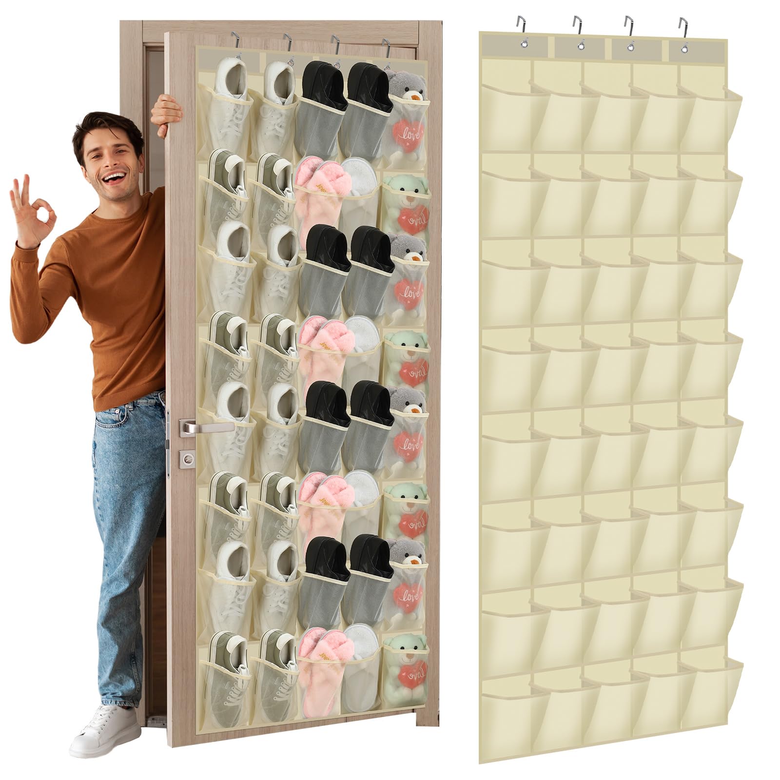 Windyun 40 Over The Door Shoe Organizer, Large Mesh Pocket Hanging Shoe Rack Hanger Large Capacity Gray Behind The Door Storage Holder for Dorm College Closet Entryway Bedroom Utility Room Women Men
