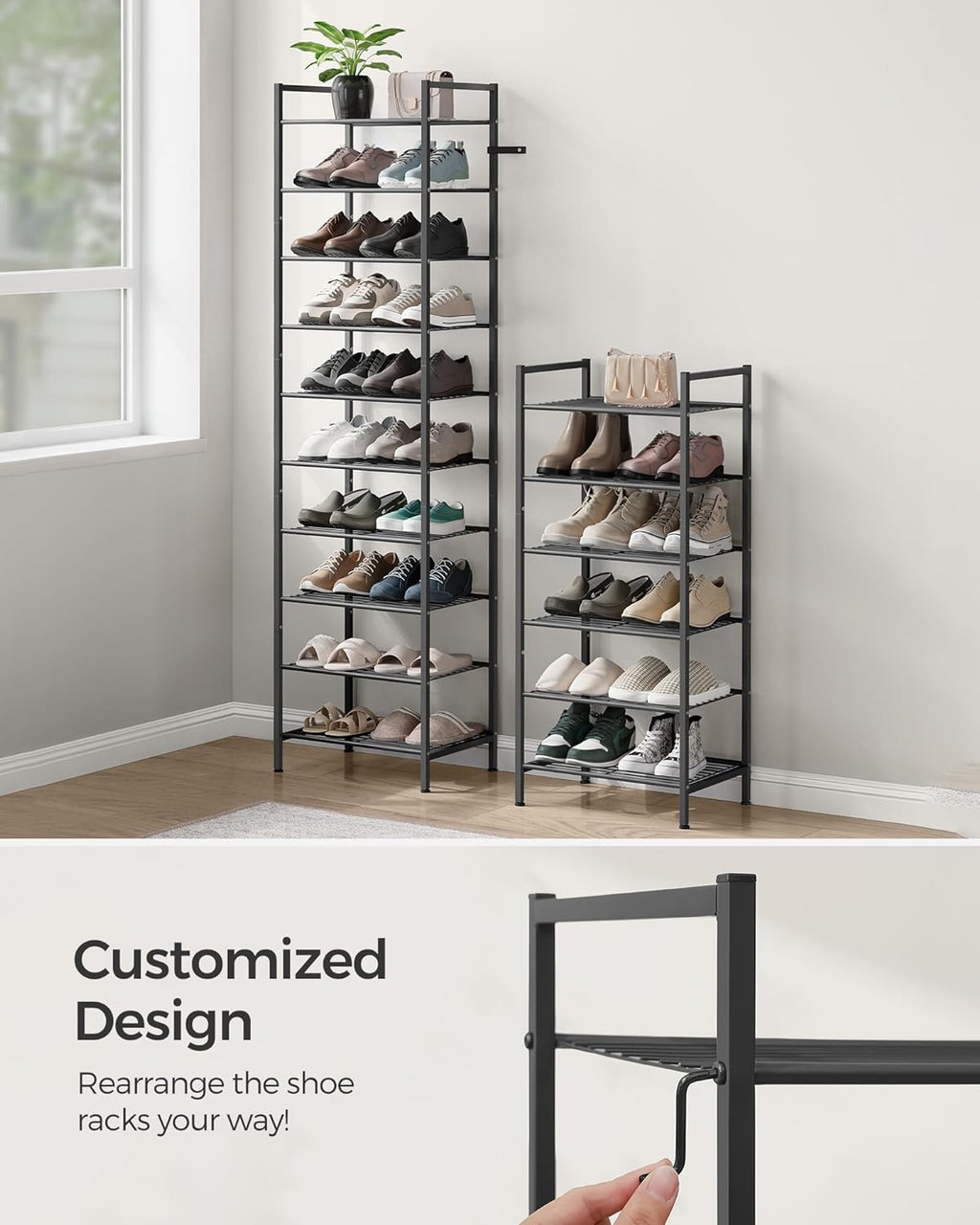 SONGMICS Narrow Shoe Rack, Sturdy 8 Tier Metal Tall Shoe Rack Shelf, Slim Shoe Storage Organizer for Closet Entryway Small Spaces, Vertical Shoe Stand Tower for 18 Pairs Shoes, Easy Assembly, Black