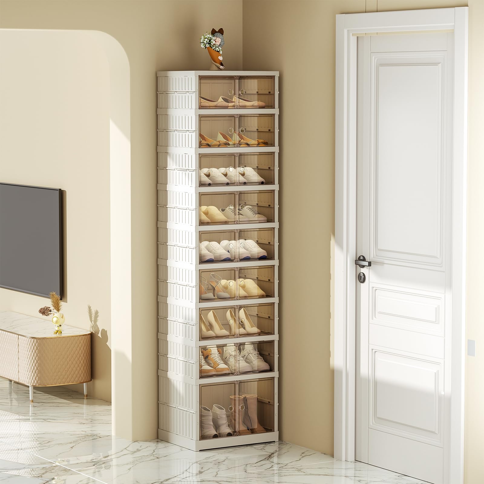 SYNCVIBE Collapsible Shoe Rack Organizer 9 Tiers-36 Pairs Foldable Shoe Cabinet with Doors, Large Plastic Folding Shoe Cabinet, Easy Assembly Shoe Shelves Organizer for Entryway, Living Room