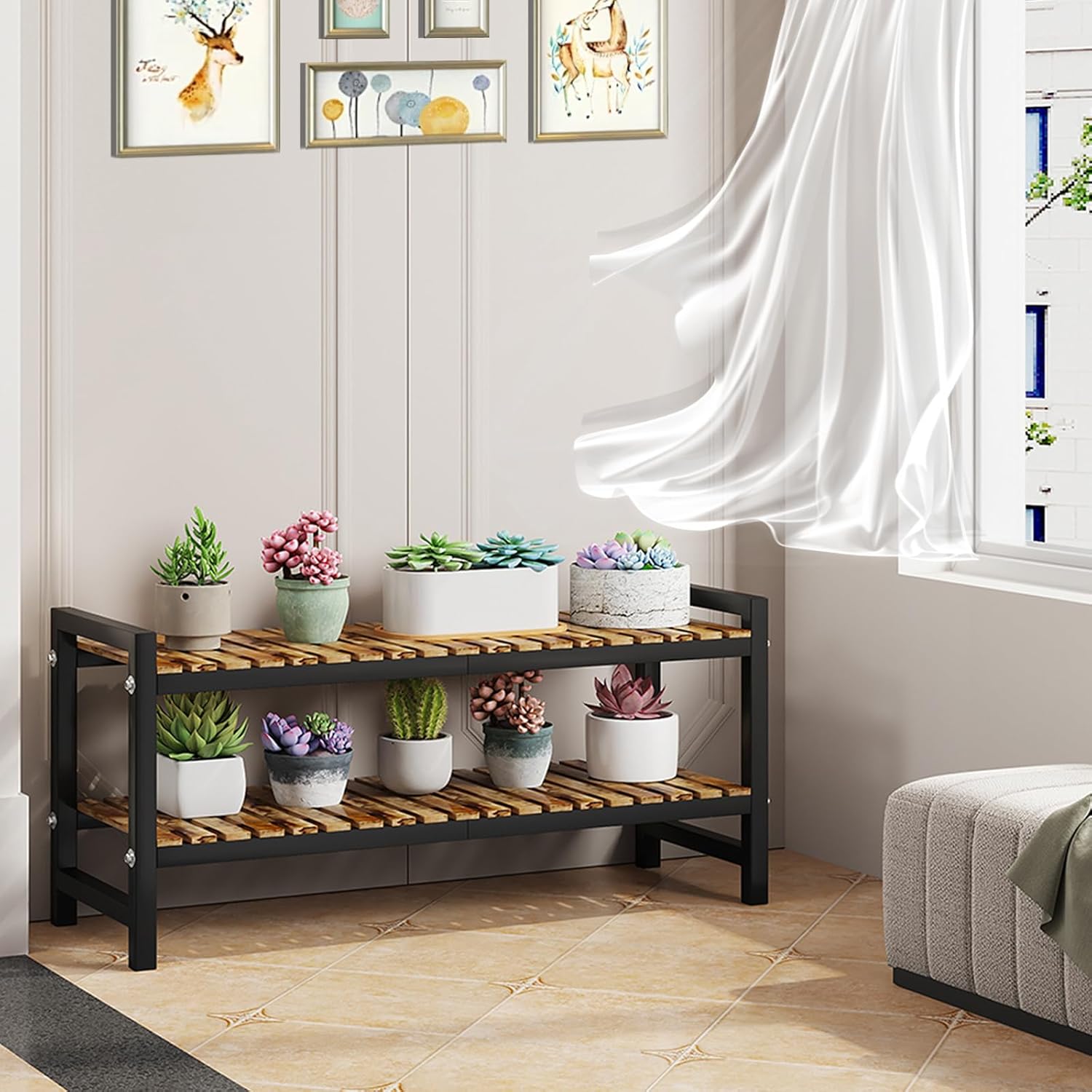 Shoe Rack Organizer for Small Spaces 2Tier Long Narrow Shoe Stand, Closet Shoe Rack, Small Shoe Shelf for Closet Entryway Corner Garage and Bedroom Front Door - Shoe Storage Combining Wood and Metal
