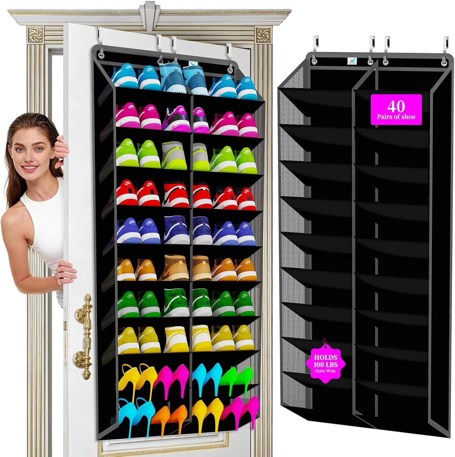 Heavy-Duty, over the door shoe organizer, Extra-Wide Large, shoe organizer, Holds 30 Pairs & Supports 100lbs, shoe rack, with Reinforced Grommets & Bamboo Rods, Fits Men's Size 12 & Boots, Black