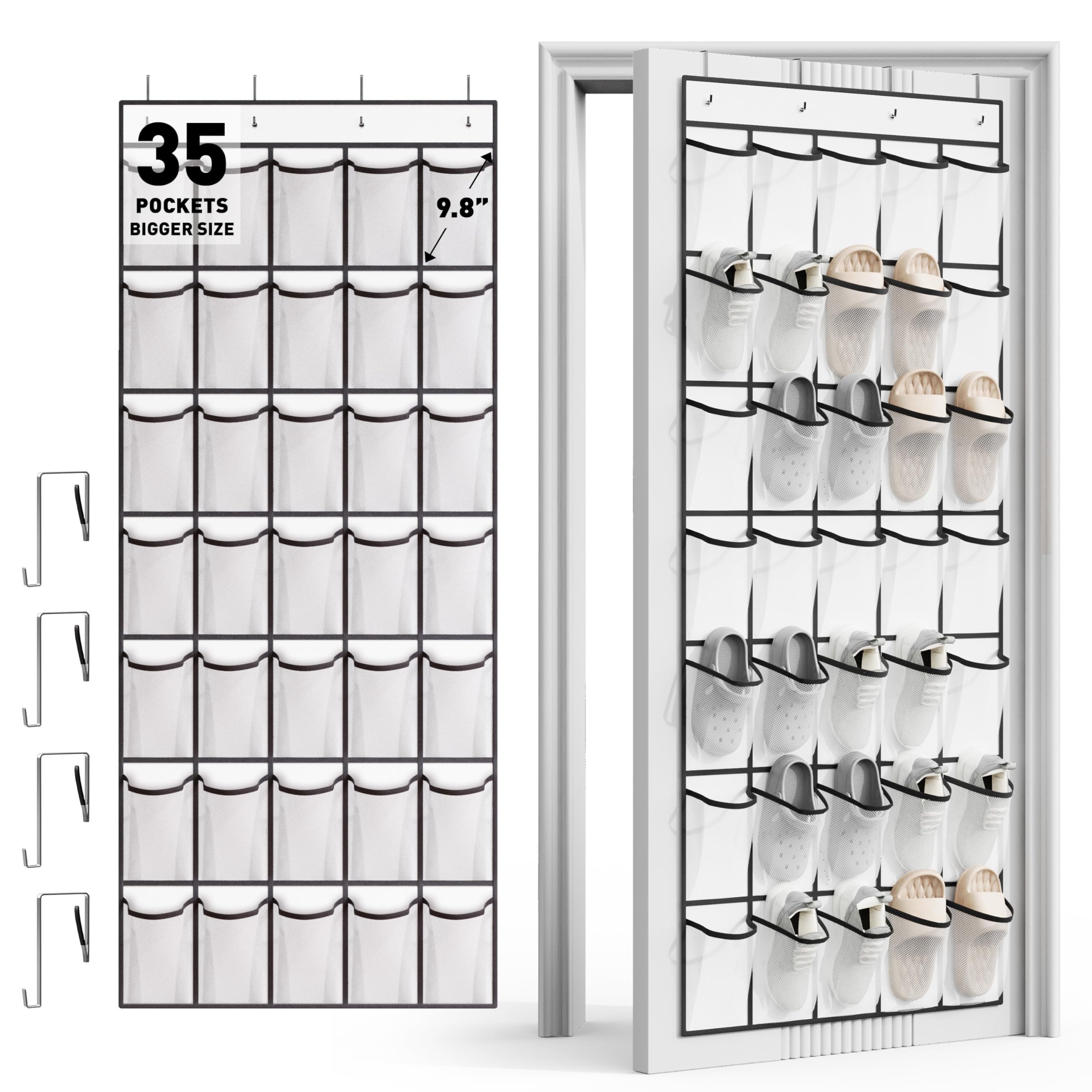 WVM Over the Door Shoe Organizer with 35 Breathable Mesh Pockets, Hanging Shoe Organizer for Door with 4 Metal Hooks, Large Capacity Closet Storage for Shoes, Accessories, Grey