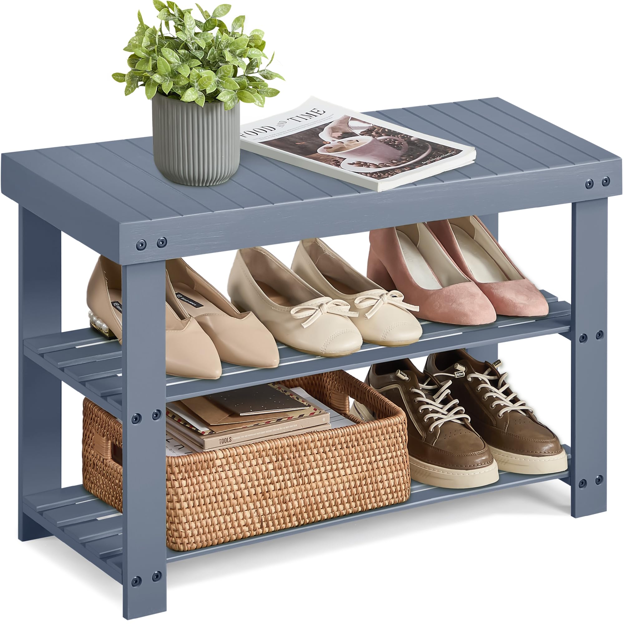 SONGMICS Shoe Rack Bench, 3-Tier Bamboo Shoe Storage Organizer, Entryway Bench, Holds Up to 286 lb, 11.3 x 27.6 x 17.8 Inches, for Entryway Bathroom Bedroom, Brown ULBS04Z