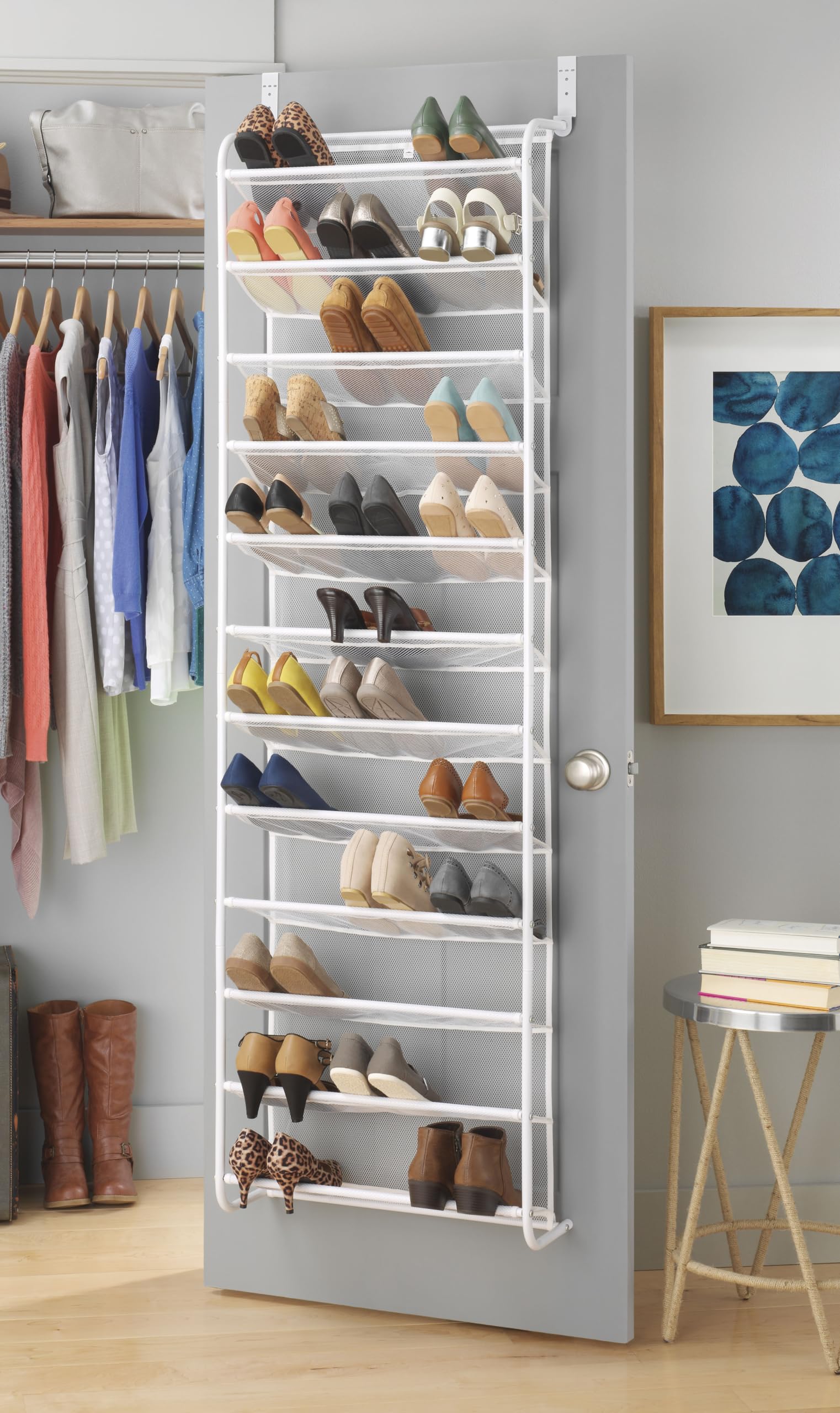 Whitmor 36 Pair Over The Door Shoe Organizer, 12 Tier Hanging Shoe Organizer, Heavy Duty Metal & Mesh Shoe Holder, Hanging Shoe Rack for Closet Organizer & Storage, 69"L x 21.7"W x 7.5"H, Mocha