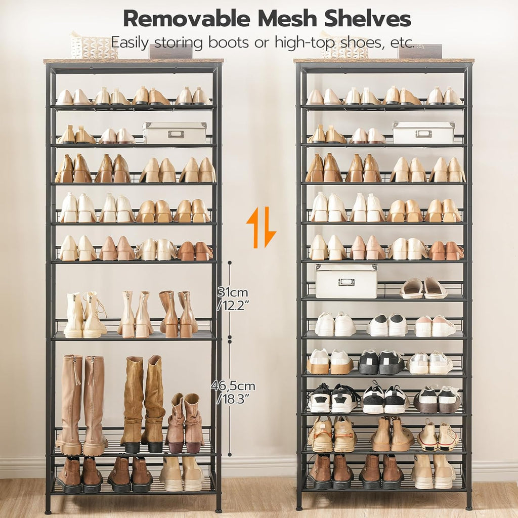 HOOBRO 12-Tier Shoe Rack, Large Capacity Shoe Storage Organizer for 35-45 Pairs of Shoes, Standing Shoe Shelf with Slanted Shelves, for Entryway, Closet, Hallway, Rustic Brown and Black BF51XJ01