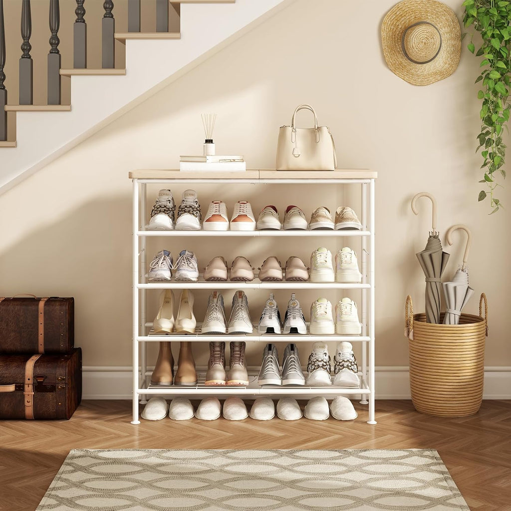 SUOERNUO Shoe Rack Organizer 5 Tier for Closet Entryway Free Standing Metal Storage Shoe Shelf with MDF Top Board，White+Oak