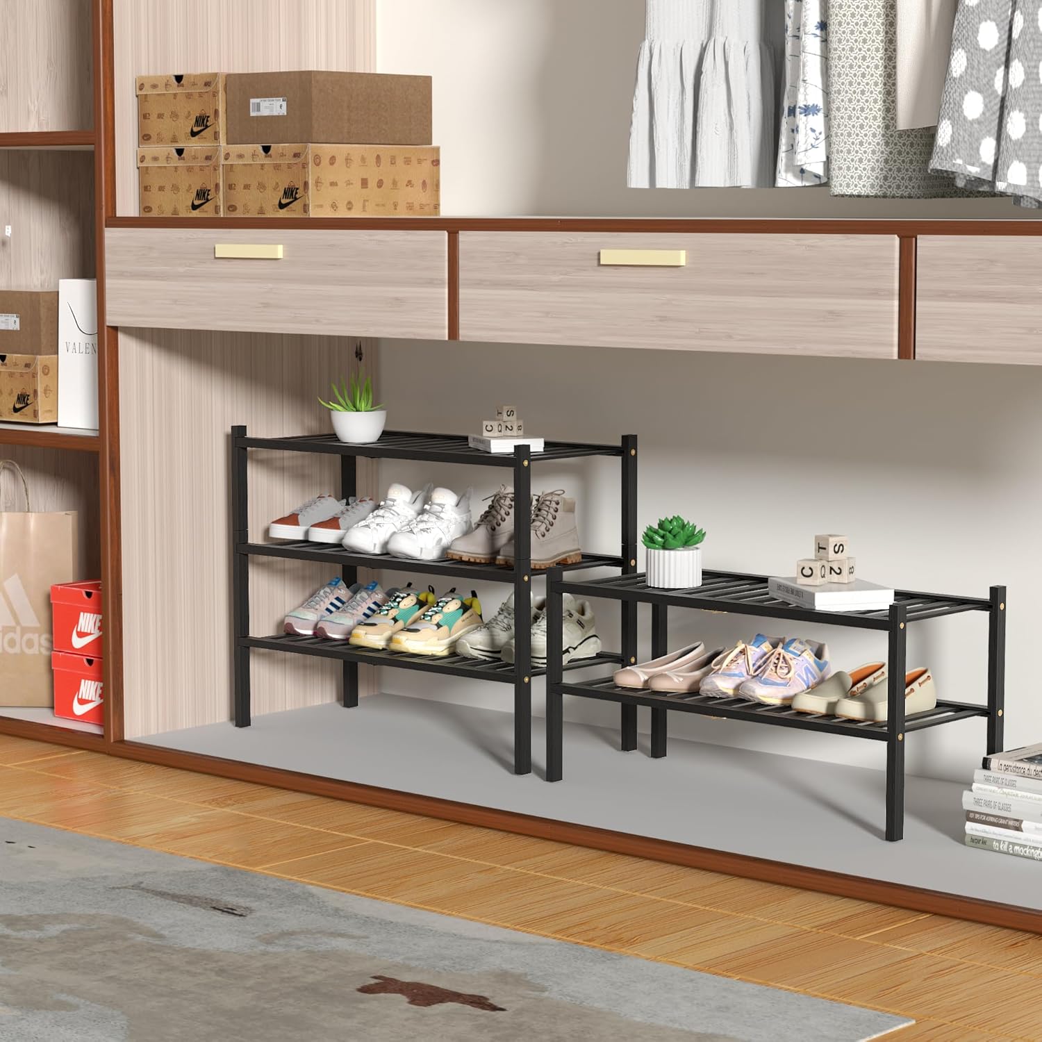 ROMGUAR CRAFT 3 Tier Bamboo Shoe Rack for Closet Free Standing Wood Shoe Shelf Storage Organizer for Entryway Small Space Stackable 27"x11"x20" (Black)