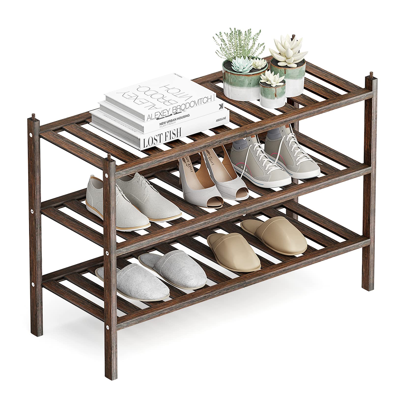 Dranixly Bamboo 2-Tier Shoe Rack Stackable Shelf Storage Organizer for Entryway, Hallway and Closet, 27.2"x11"x13.2" (Mocha)