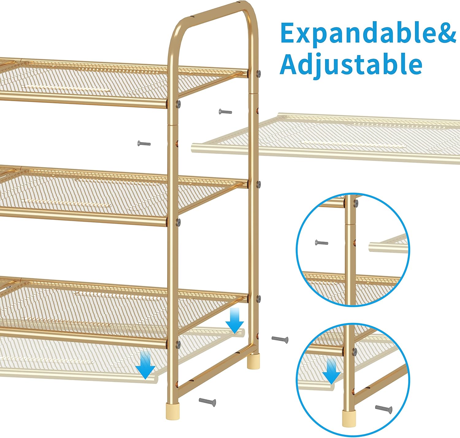 Simple Trending 3-Tier Stackable Shoe Rack, Expandable & Adjustable Shoe Shelf Storage Organizer, Metal Mesh, Gold